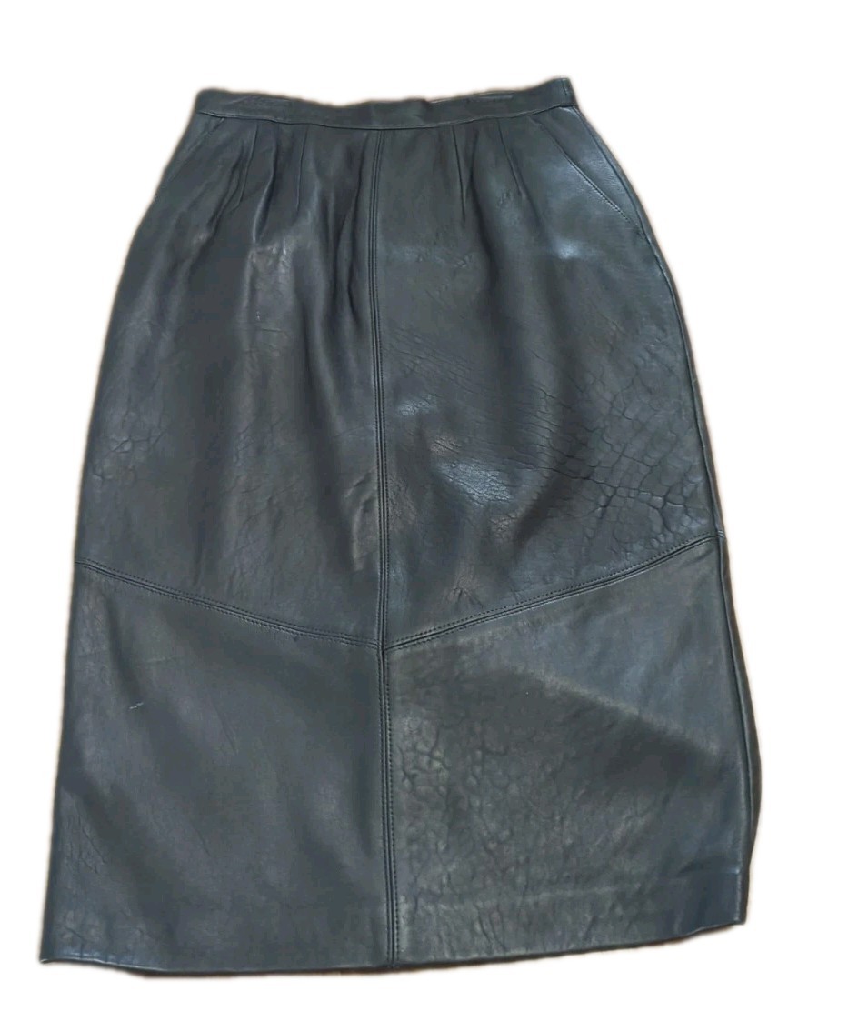 Vintage Black Leather Pencil Skirt Zipper With Snap Closure Front Slit Size 9/10