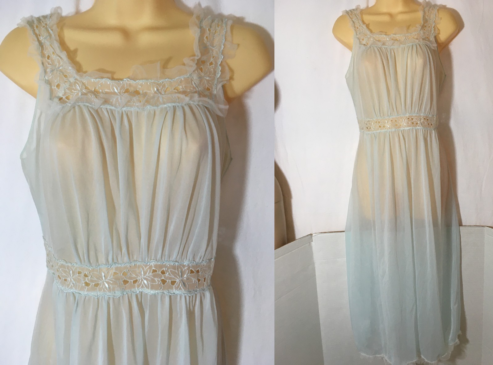 Vtg 40s? 50s? NIGHTGOWN Gown SHEER SILKY Nylon Mesh Embroidered Lady Leonara 14