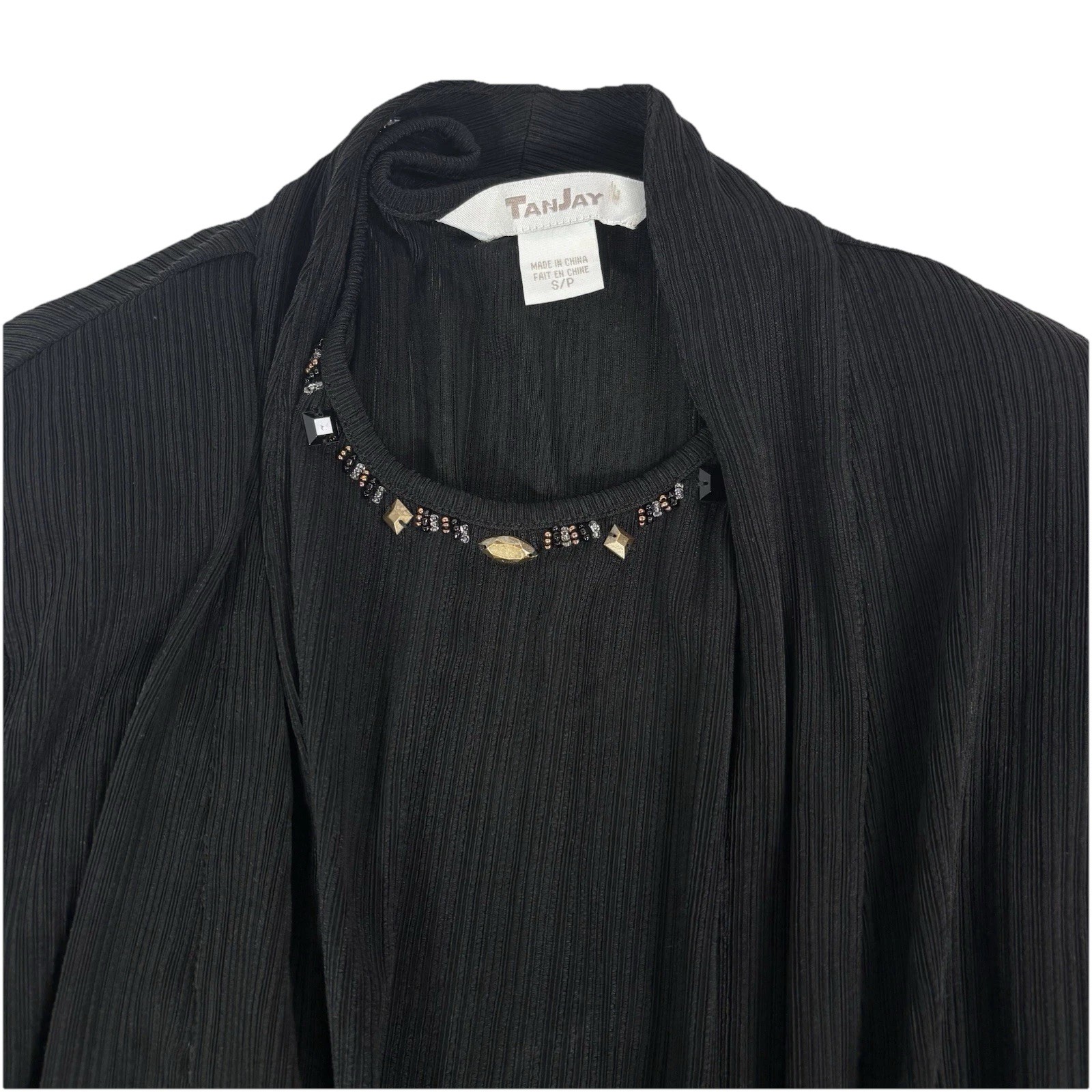 Vintage TanJay 3-Piece Set Black Ribbed Skirt Top Jacket Size S/P Beaded Neck