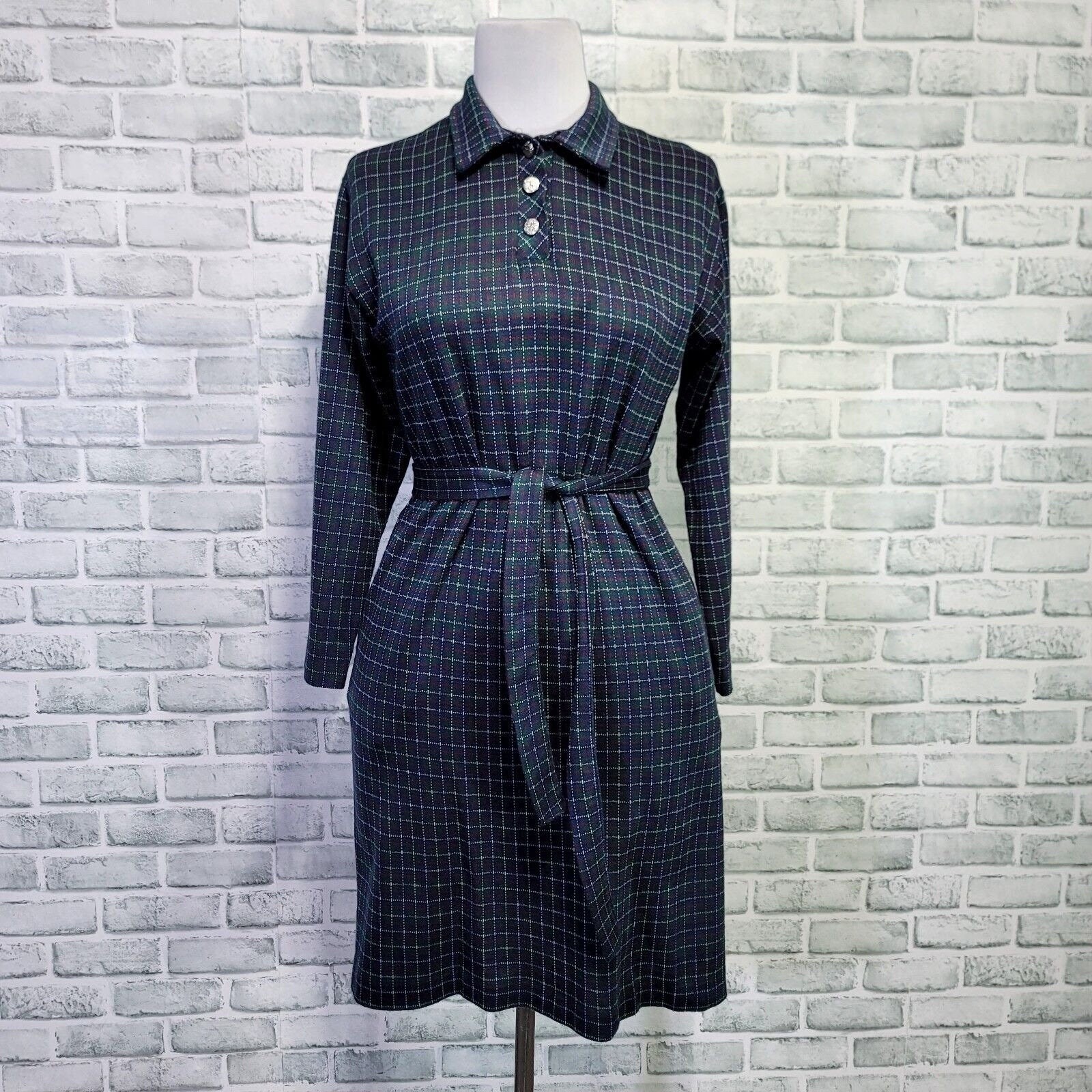 Vintage 90s The Tog Shop Womens M Green Plaid Shift Dress W/ Sash Belt