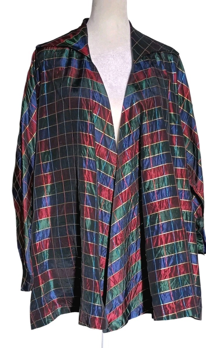VTG 50s Taffetta Swing Coat In Jewel Tones w/ Lovely Pointy Collar by Kamor Sz S