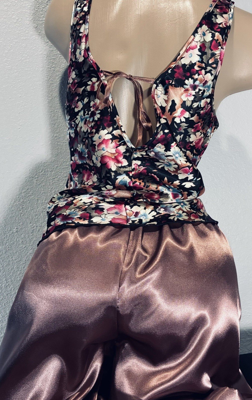 Vtg Mocha Floral Camisole Satin Pajama Pants M