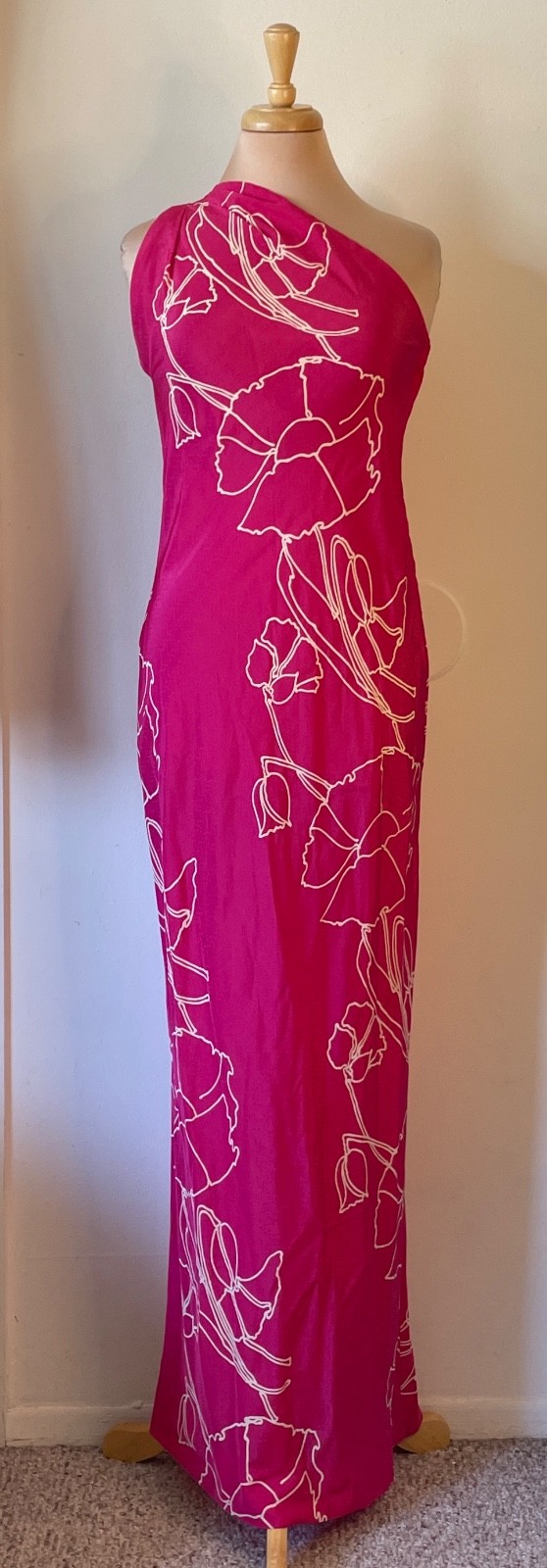 Vintage Joan Leslie Kasper Size 6 One Shoulder Maxi Dress Magenta Pink & White