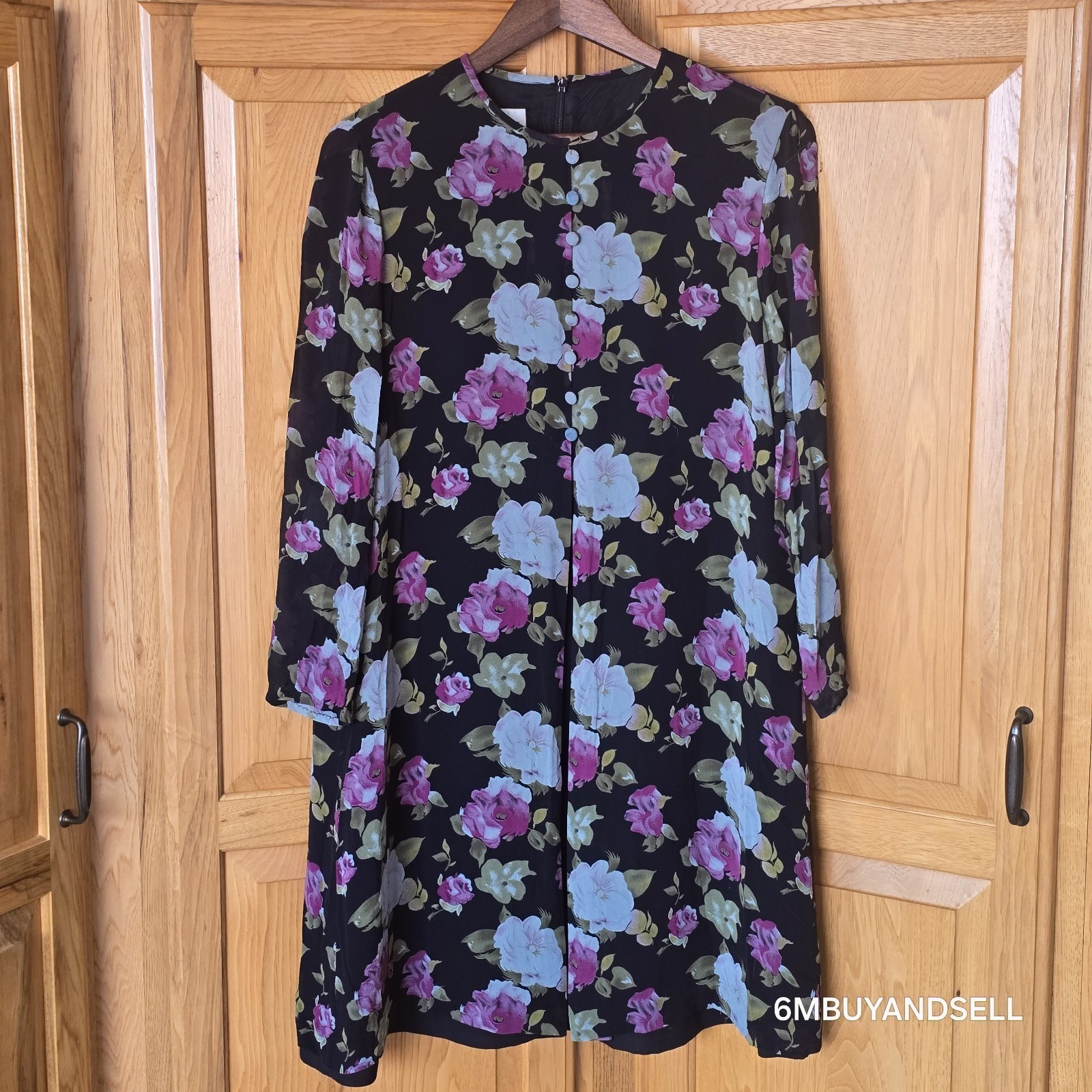 Evan-Picone Vintage 90s Silk Floral Midi Dress 12 Black Pink Purple 3/4 Sleeve