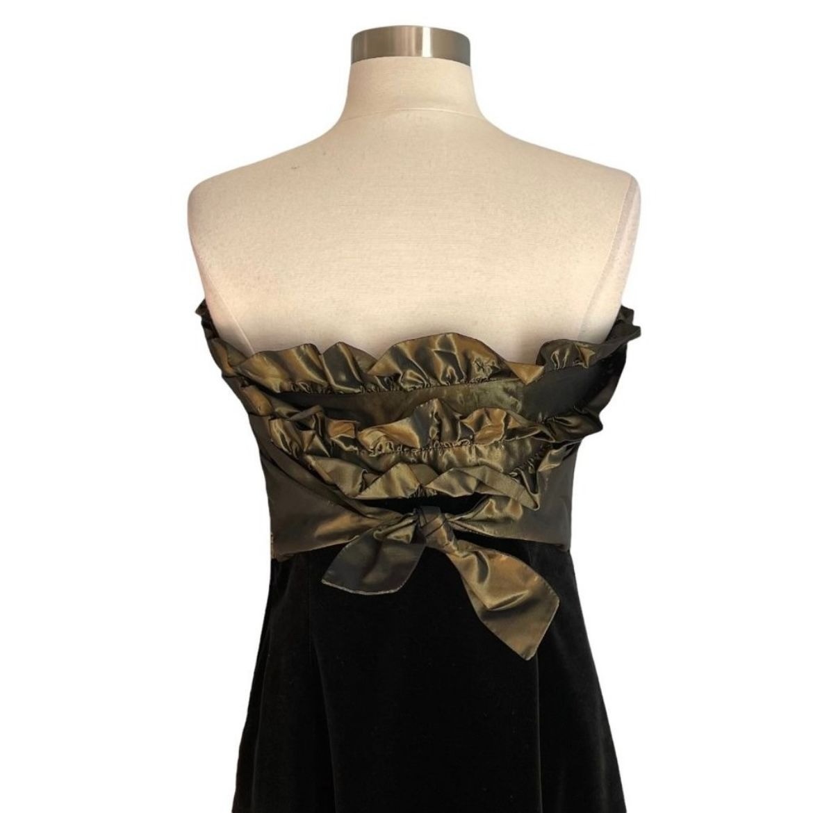 Vintage 90s Laura Ashley Black Velvet Gown Dress w/Olive Green Ruffle Trim S