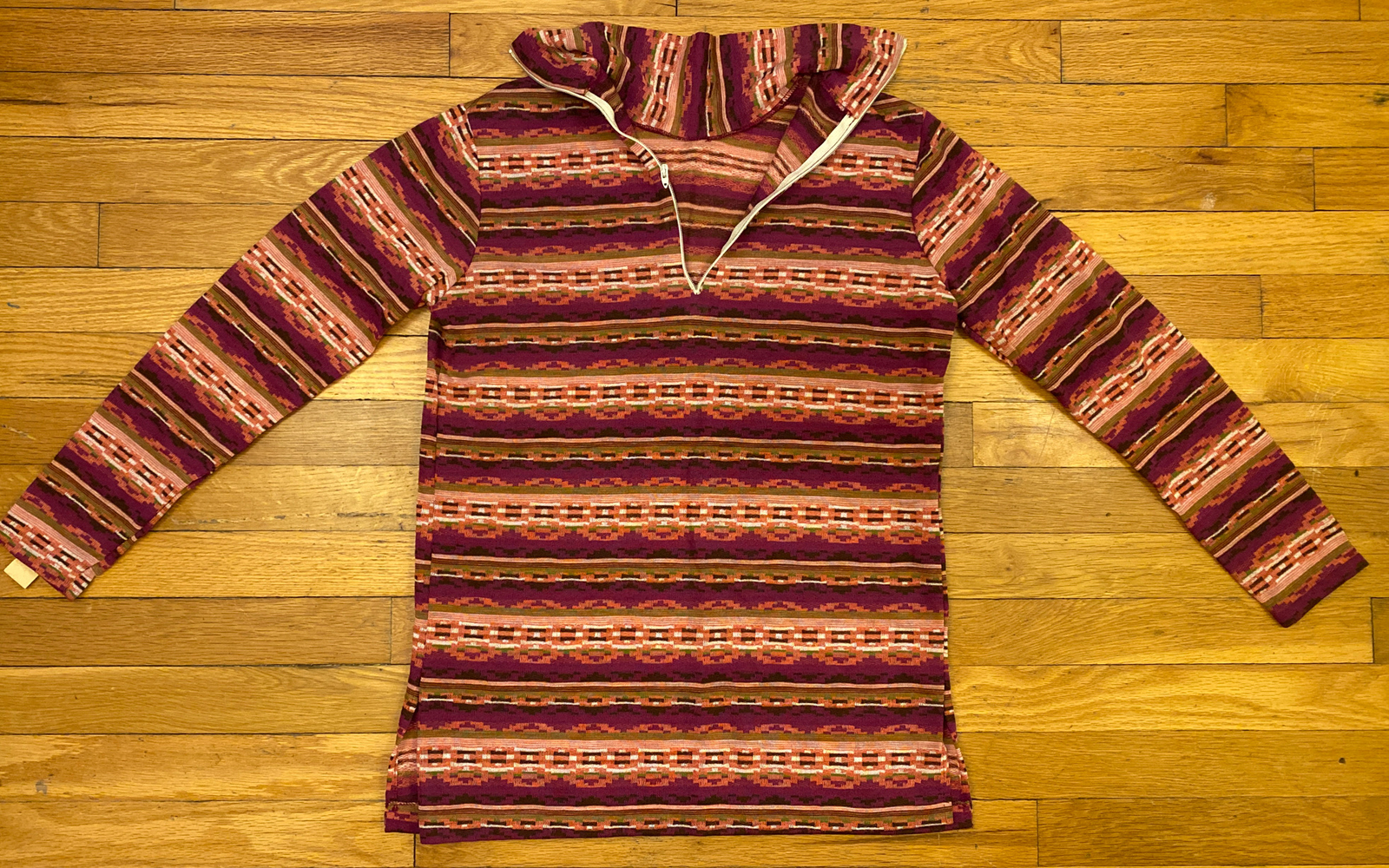 VTG NOS 70s Purple Pattern Shirt Thin Weave 1/4 Zip Issues All Over Print Medium