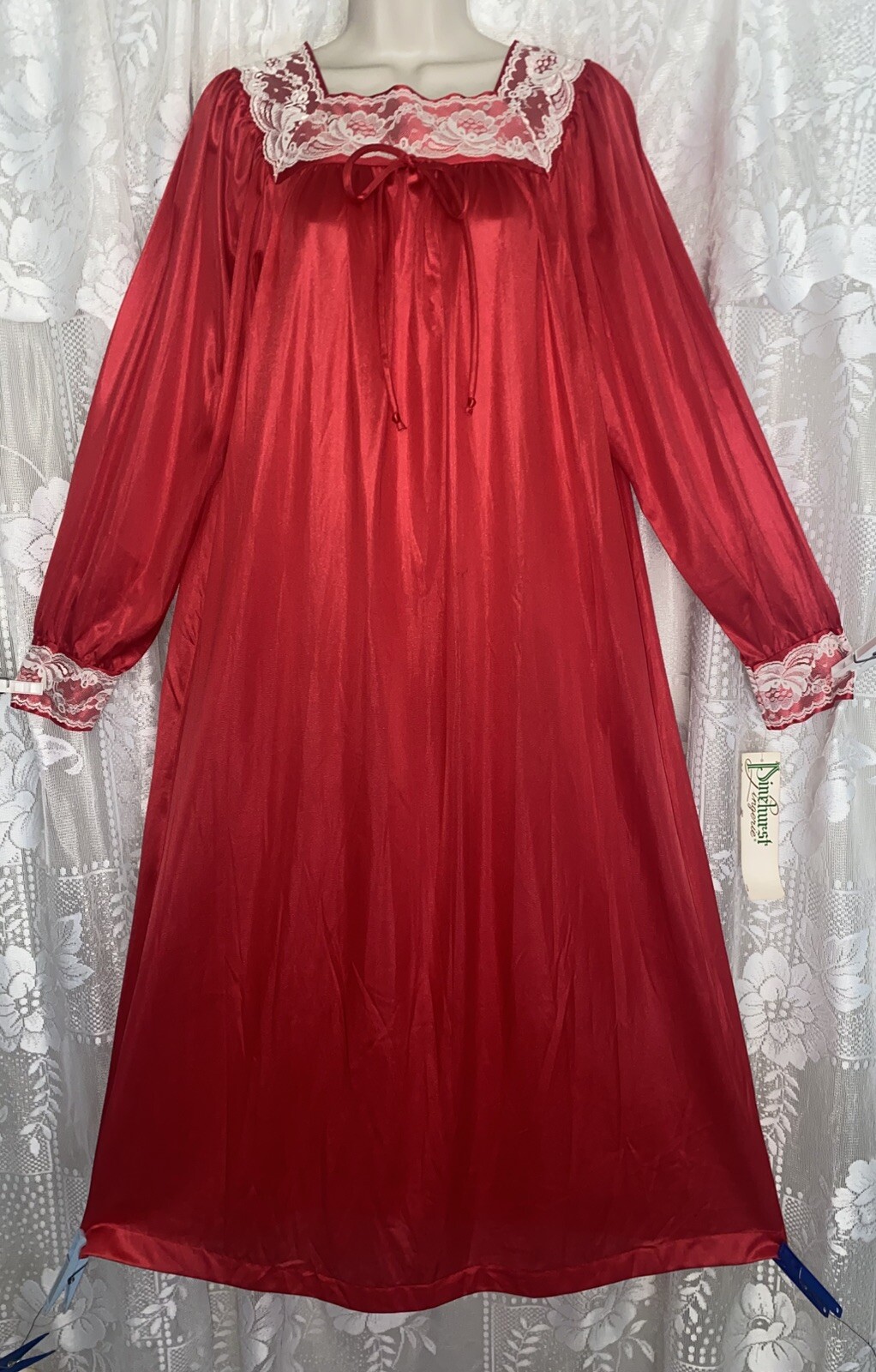 VTG NWT S M+ RED Long Sleeve Silky Soft Nylon Nightgown Gown w Ivory Lace Trim