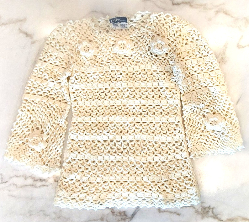 Vintage 70s LeRoy Sweater Crochet Hollow Cut Out Fishnet Flower Bell Mod Size S