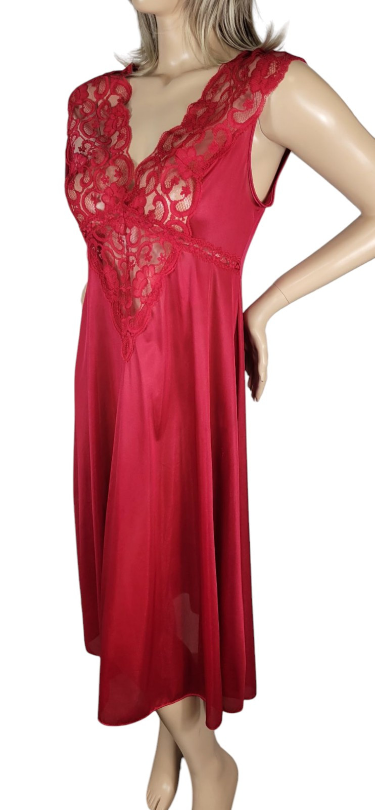 Vintage Soft Moments New York Red Nylon Satin & Semi Sheer Lace Slip Nightgown L
