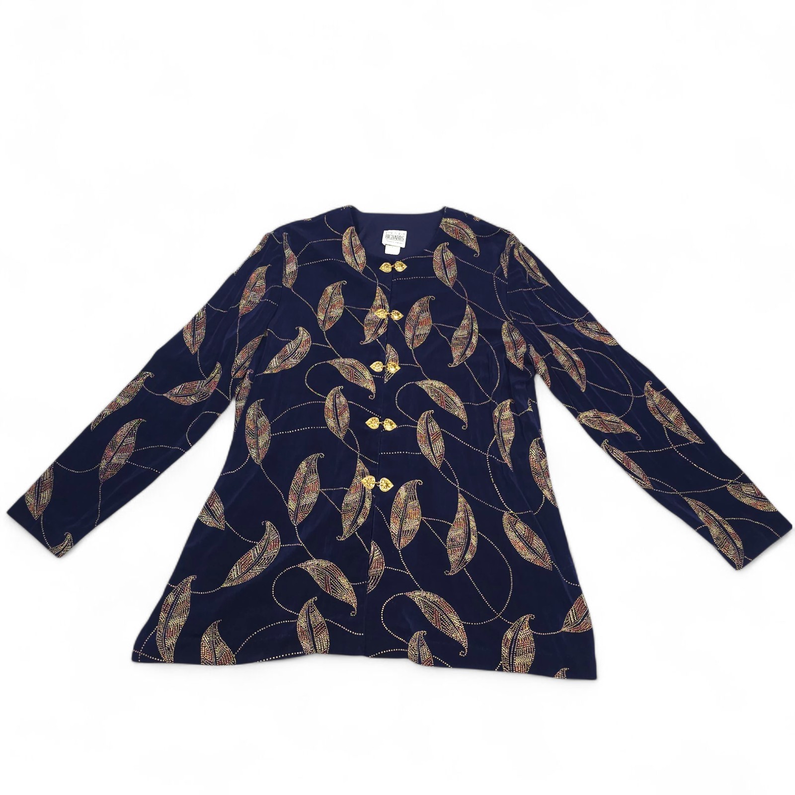 Vintage R&M Richards Karen Kwong Jacket Navy Gold Leaf Heart Clasp 90s Sz 16
