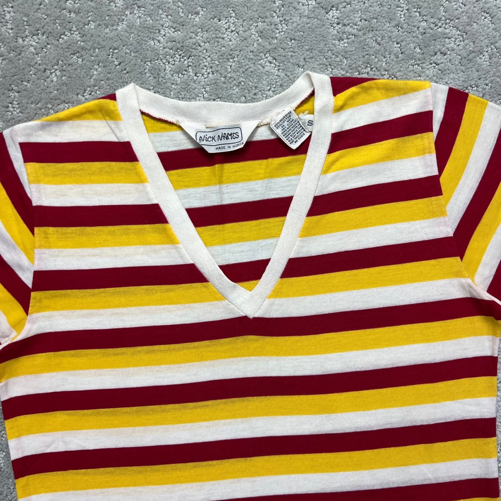 VINTAGE 80s Nick Names T-Shirt Womens Small Red Yellow White Striped V-Neck