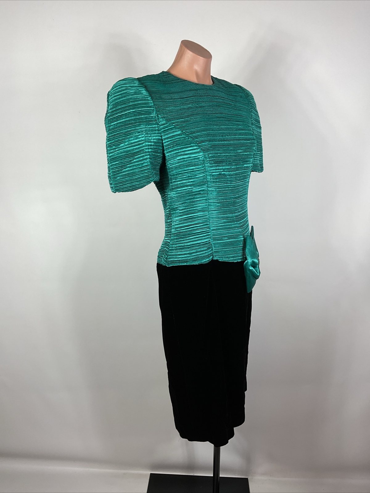 Opening Night Vintage 80s Teal Puffy Sleeve Velvet Prom Party Formal Dress 7/8