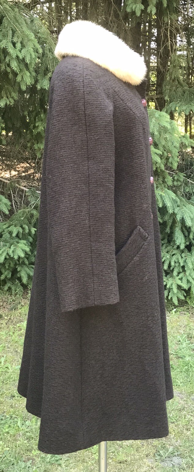 1950s John Wanamaker Brown Wool White Fox Fur Coat Swing Coat