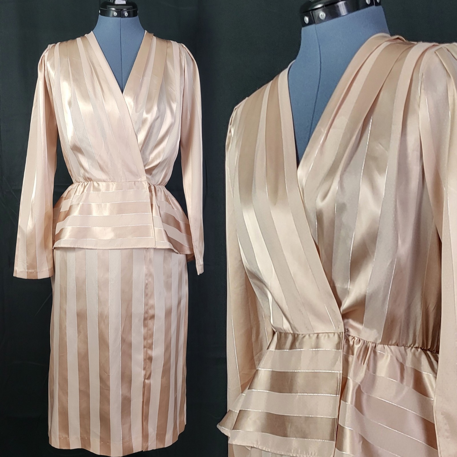 Vintage JCPenney Beige on Beige Striped Blouson Dress w Peplum Size 9/10