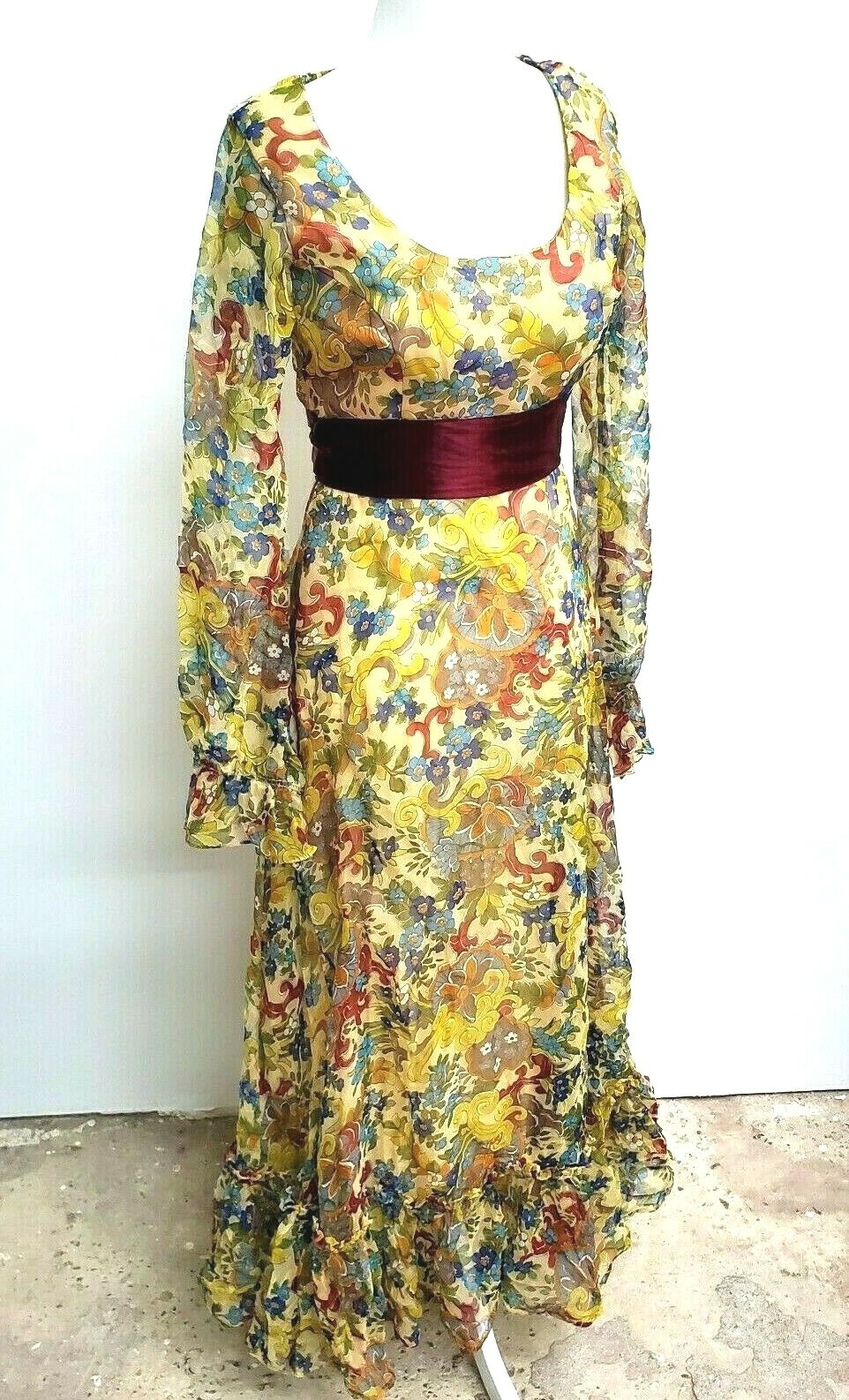 Vintage 70’s Maxi Dress Peasant Colorful Psychedelic Floral Hippie Sheer Chiffon