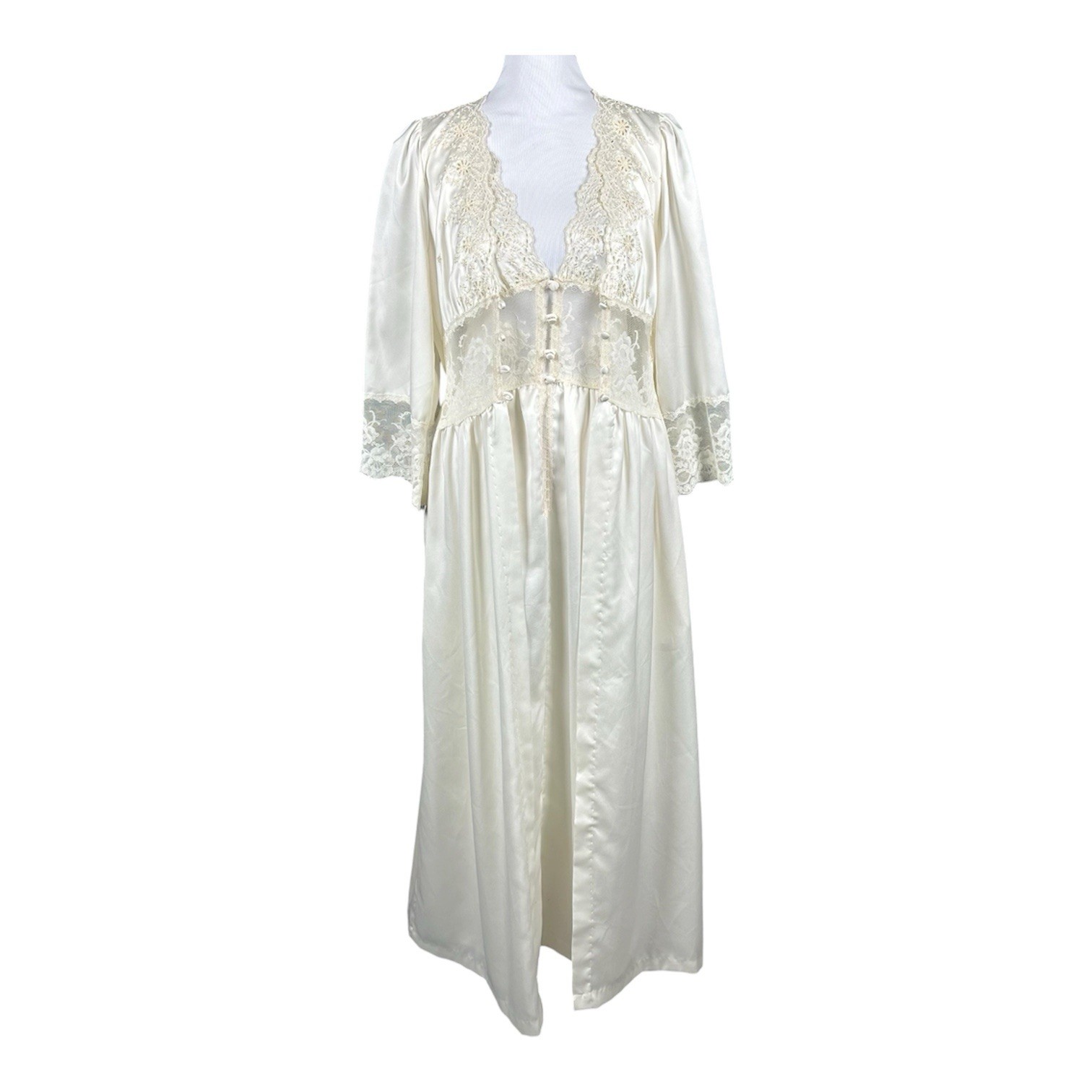 Vtg Bert Yelin for Iris Peignoir Ivory Lace Button Wedding Nightgown & Robe Set