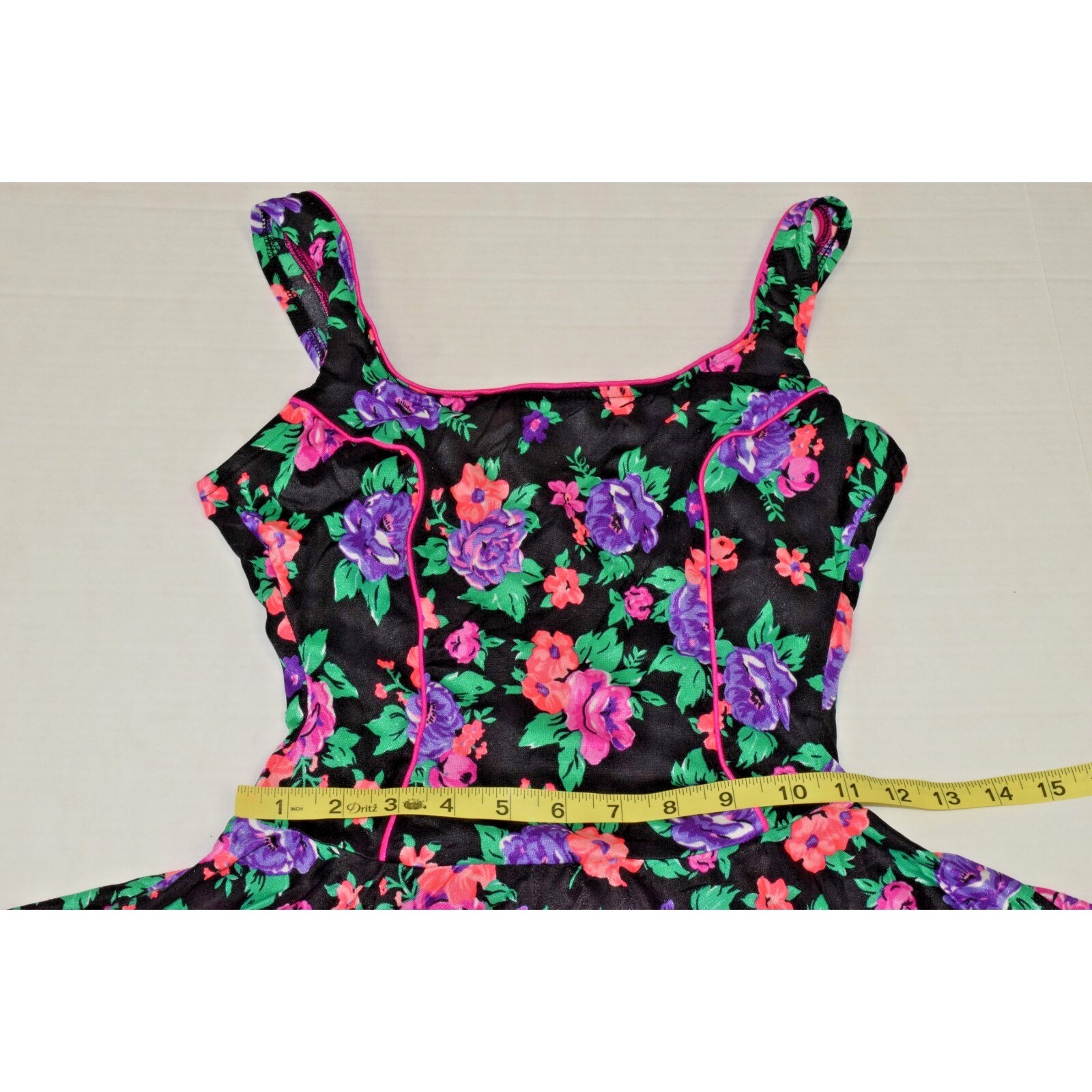 Vintage Swimsuit Size S/M 80s Glossy Black Pink Purple Flowers Full Skirt Bra