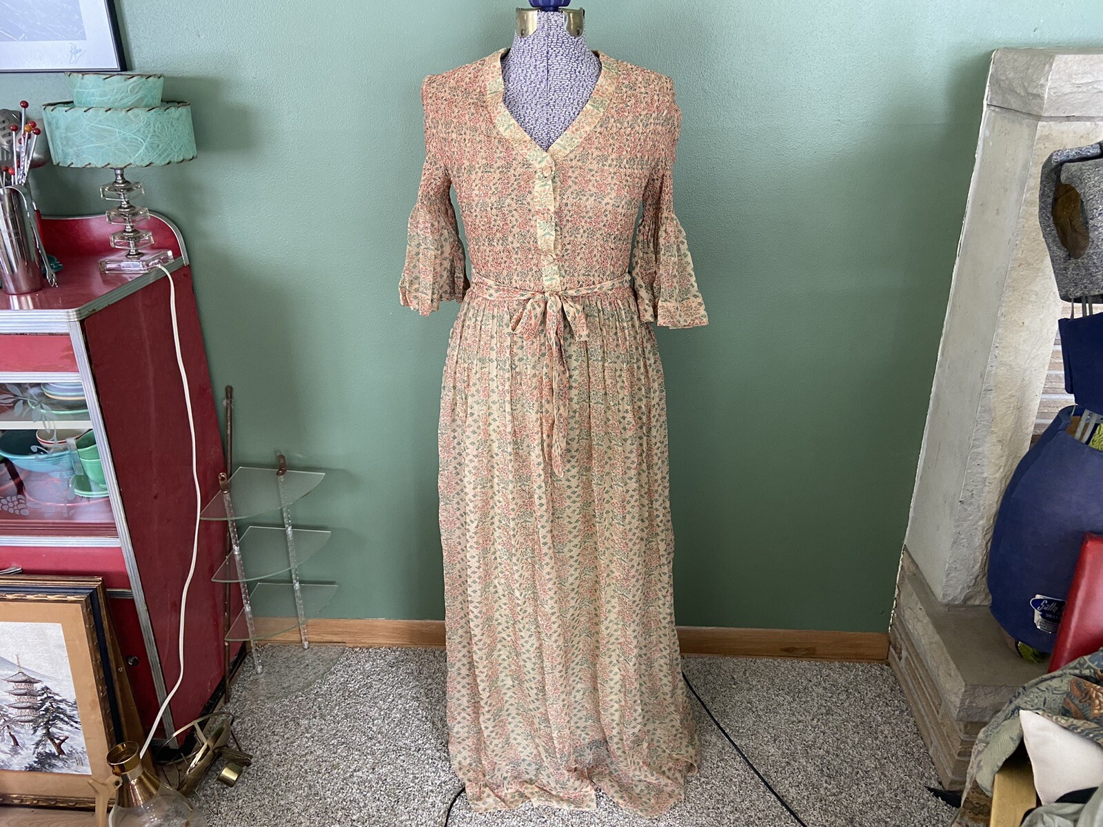 Treacy Lowe 70’s Silk Chiffon Floral Smocked Couture Maxi Dress 12 Cottage Core