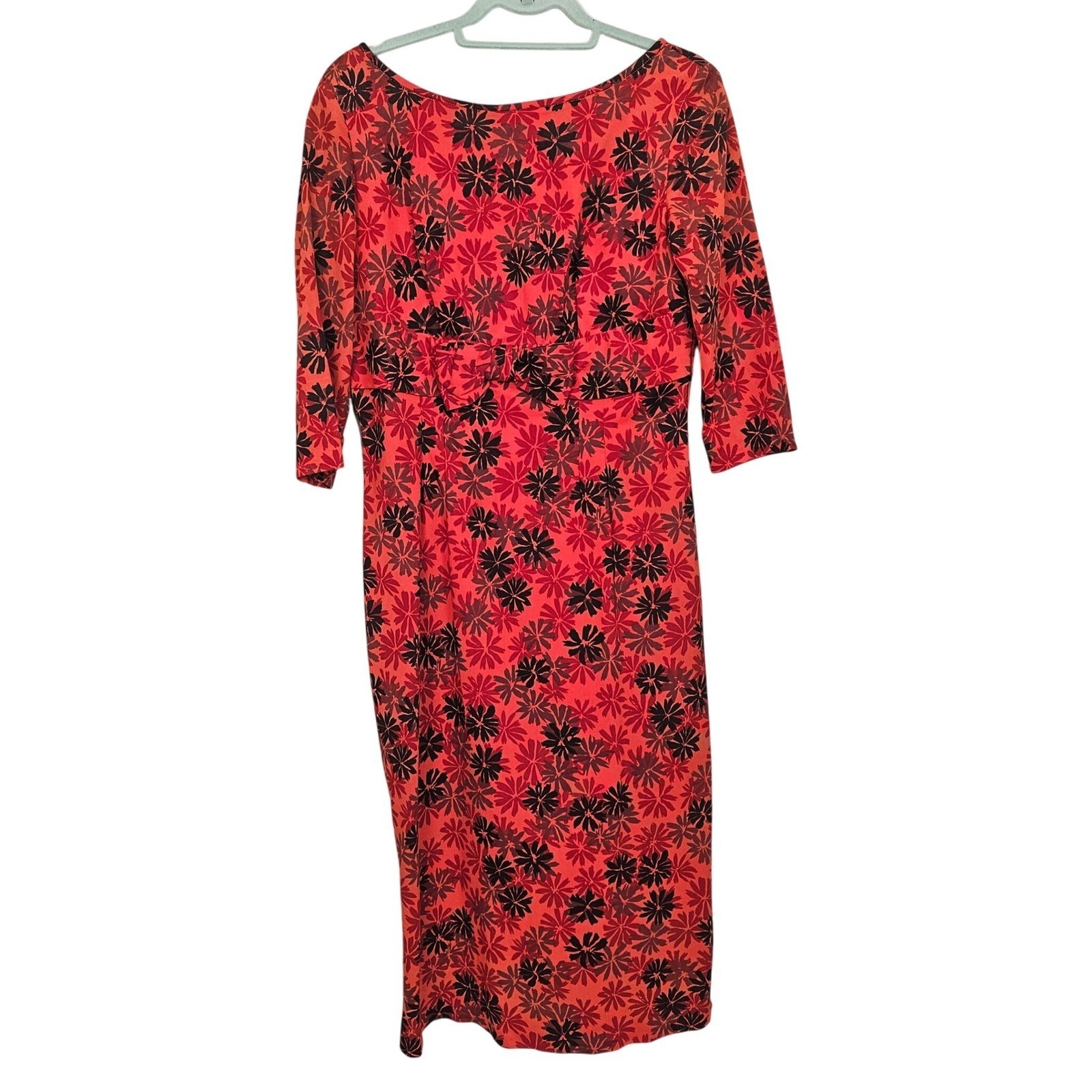 Vintage 60s Red Black Floral Wiggle Draped Back Dress Bow Waist Cocktail Party