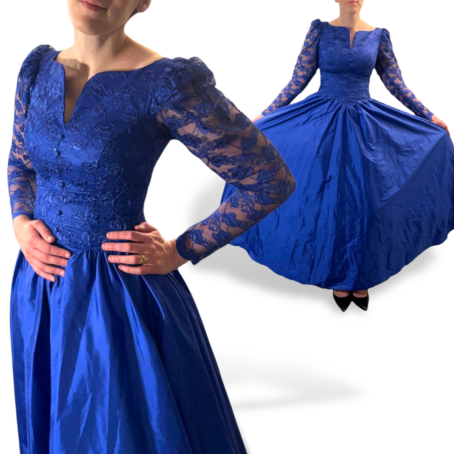 Vintage Blue Lace Long Dress Puff Sleeve Full Skirt Princess Fairy Ball Gown 70s