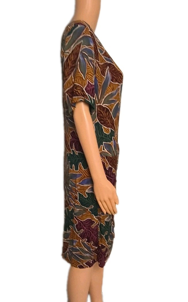 Vintage 80s/90s Tropical Leaf Midi Dress Alexis Fashions 100% Rayon Size 11 / 12