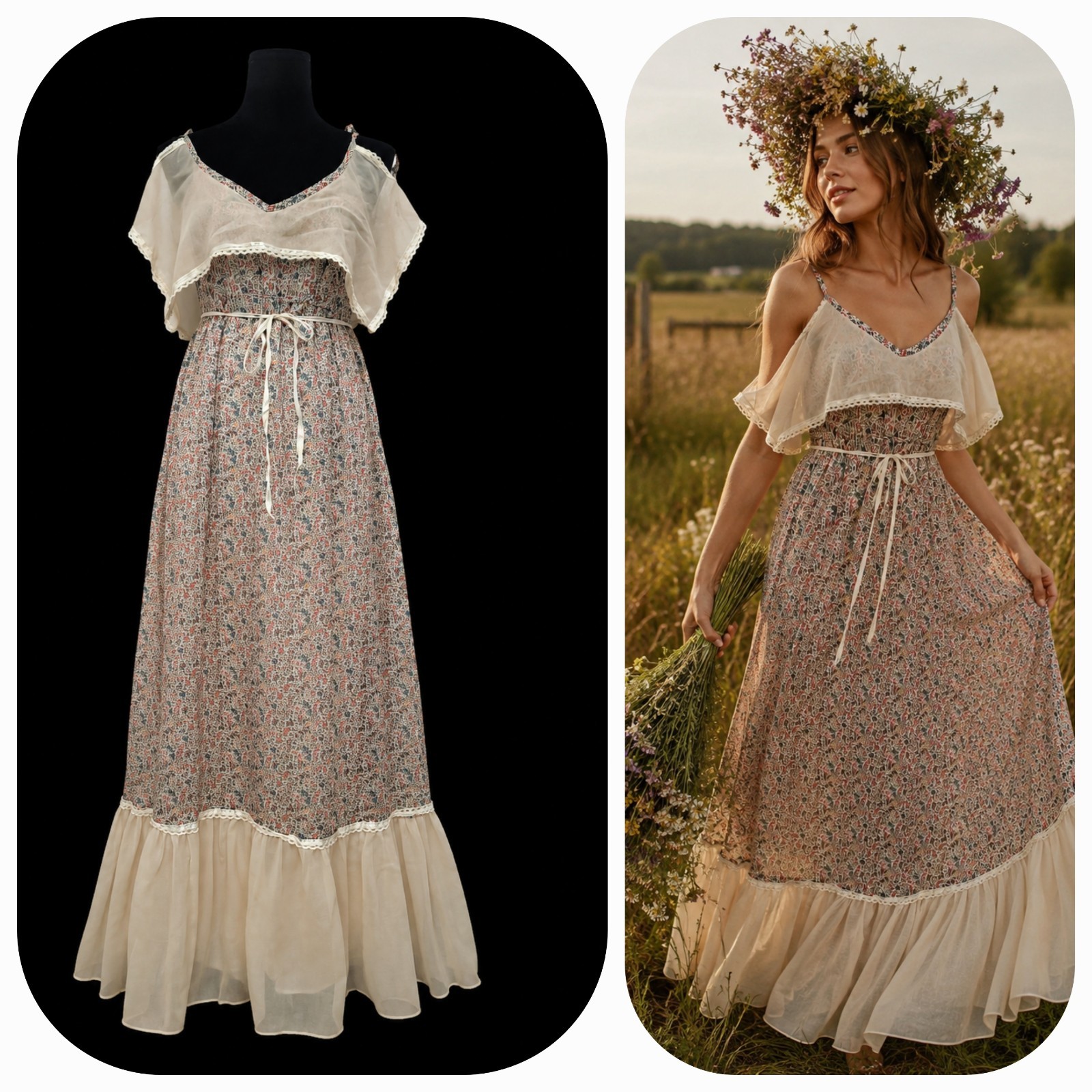 VTG 70s Trivia By Charm Of Hollywood Prairie Maxi Dress Floral Cottagecore Boho