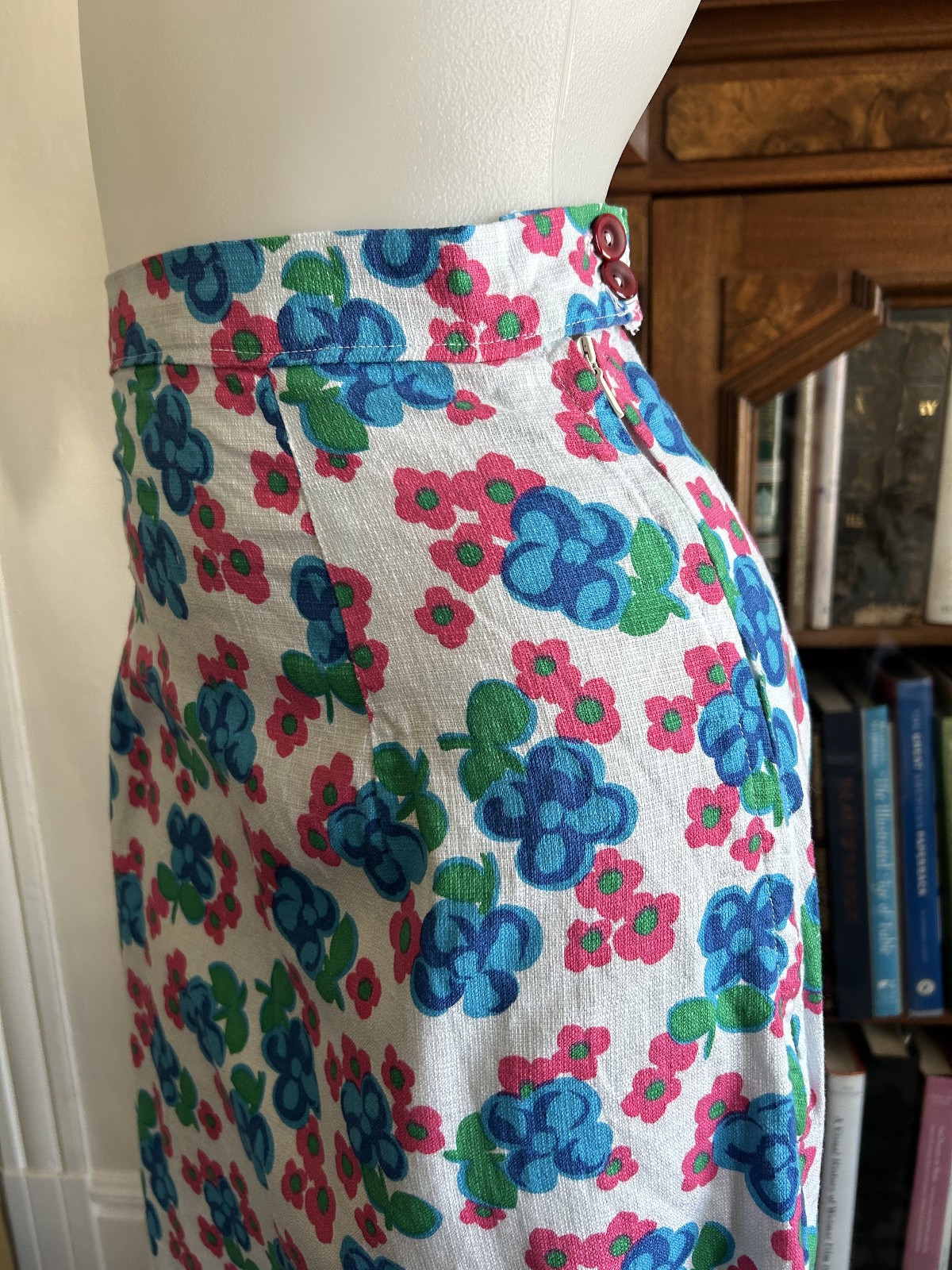 Vintage 1970s Floral Maxi Skirt in Blue and Pink – Handmade 28W Cotton Summer