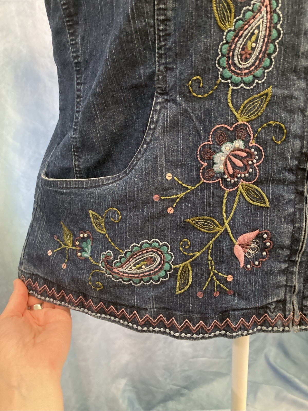 Vtg 90s Y2K Alfred Dunner Embroidered Denim Vest Granny Cottagecore Floral Sz 8