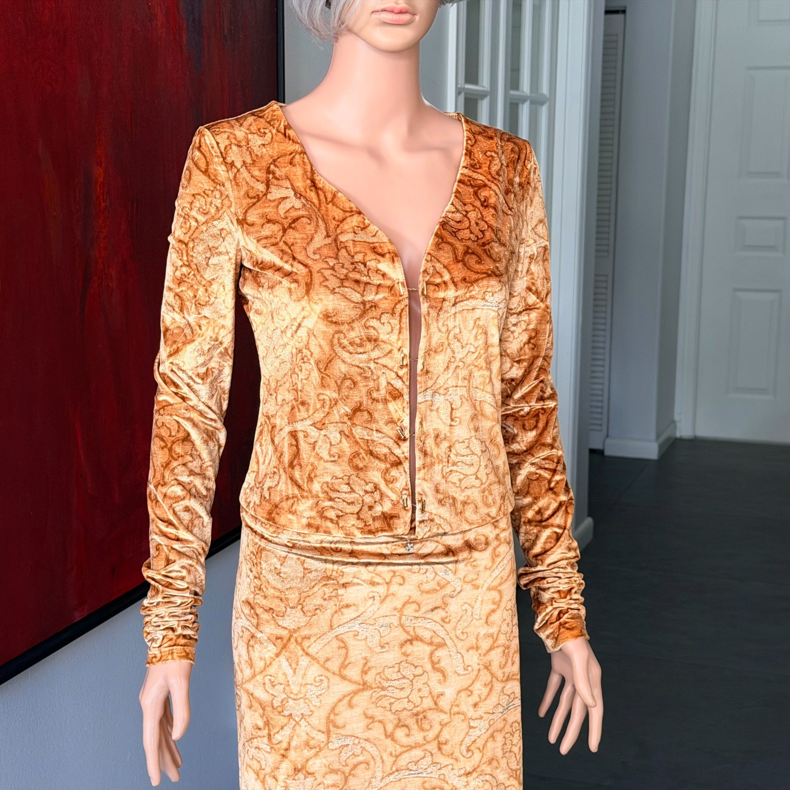 ROBERTO CAVALLI stretch velvet set top & skirt Baroque print from 1990s