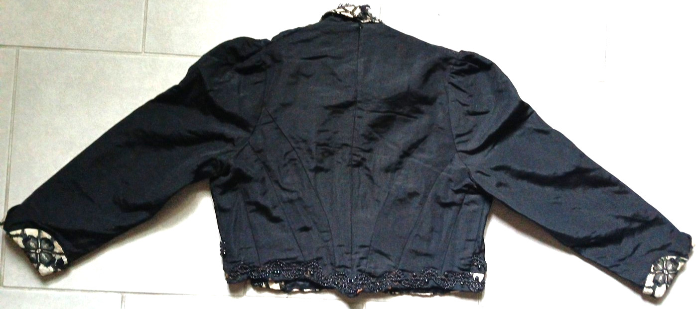 ANTIQUE VICTORIAN BLOUSE JACKET HANDMADE LACE BEAD HIGH NECK METAL TOP HOOKS BLK
