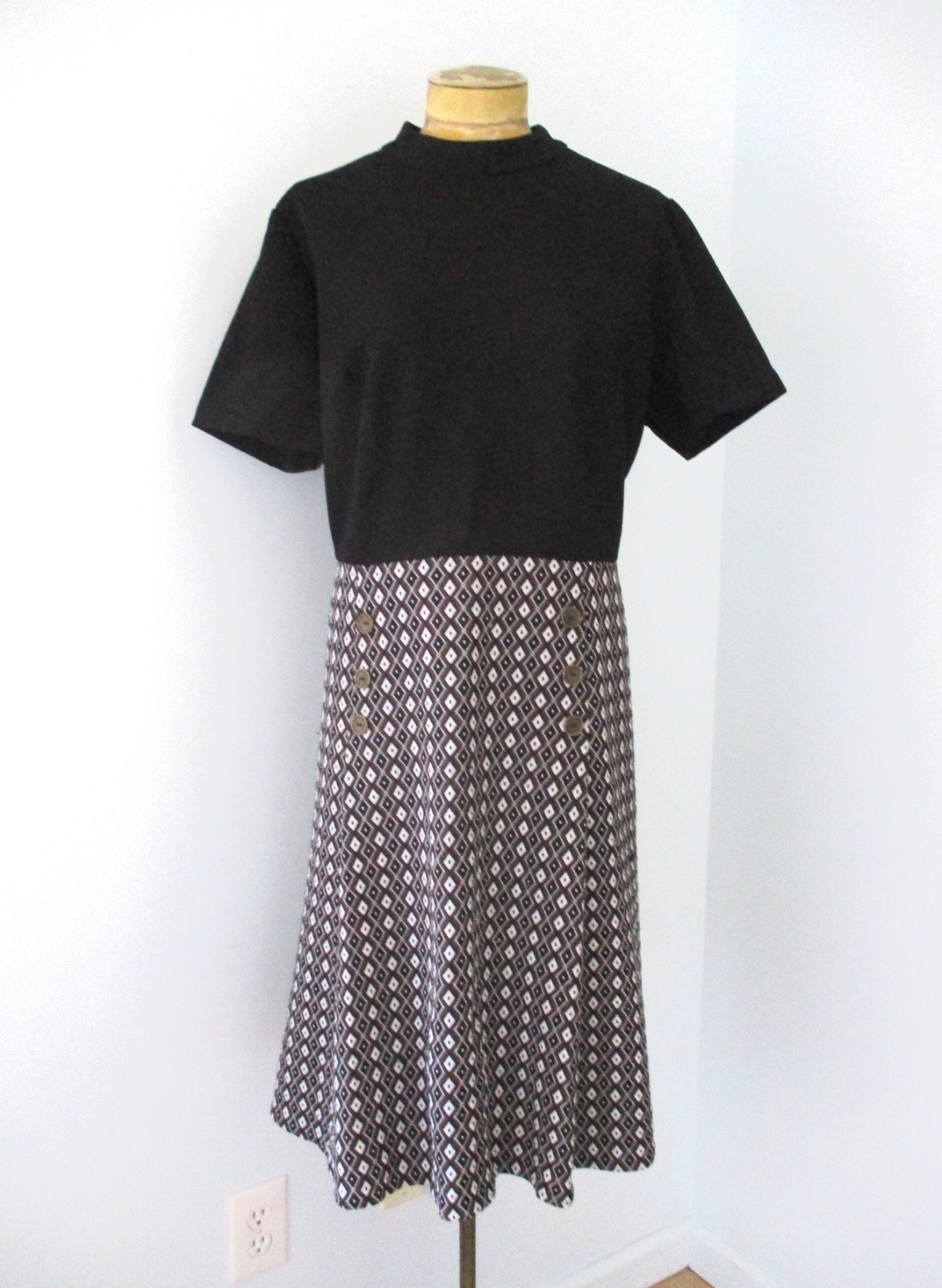 Vtg 60s 70s Black Brown Diamond Textured Knit Dress Buttons Drop Pleats XL 2XL