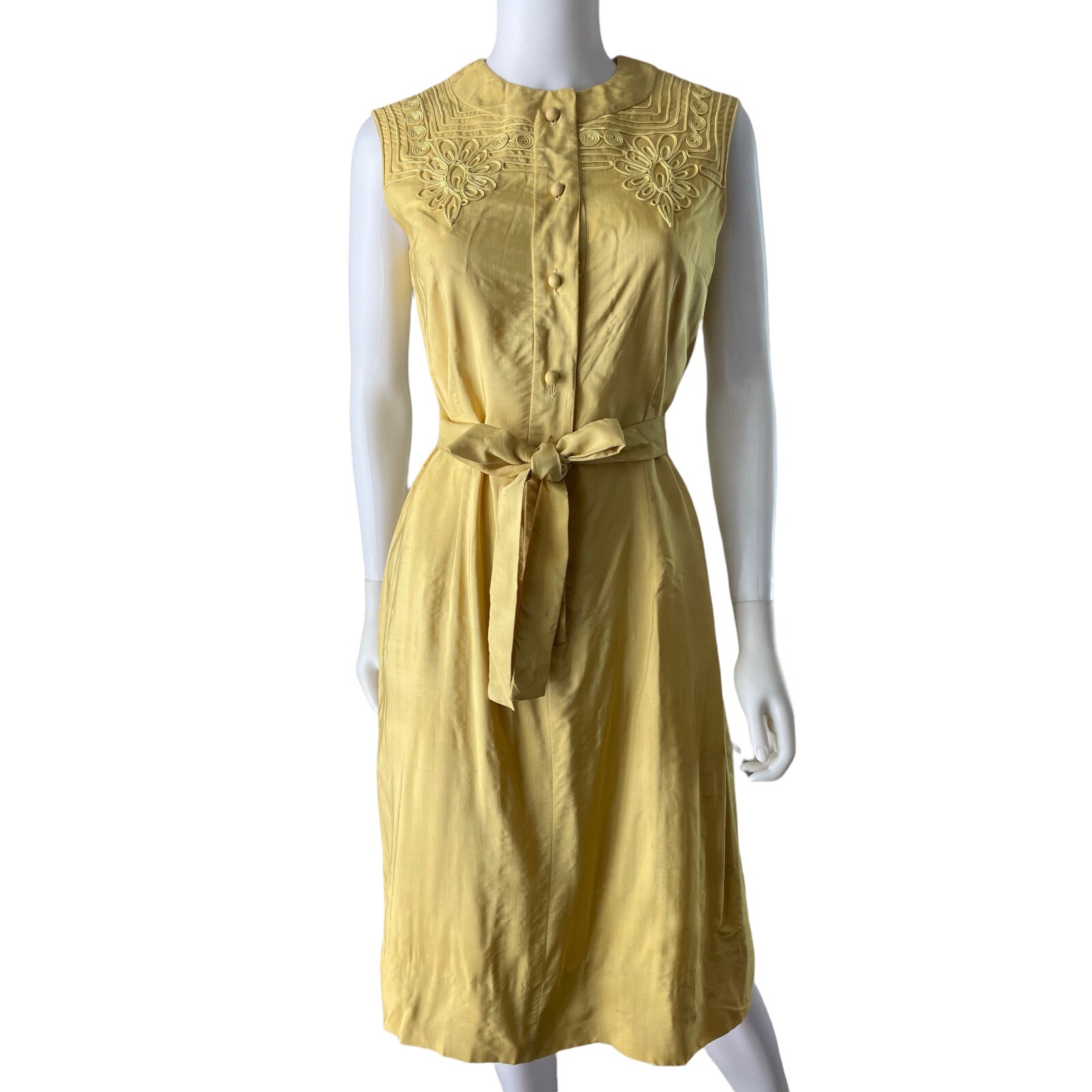 Vtg 60s 70s Malcolm Starr Dress, Starr Trade, Appliqué Yellow Mod M/L