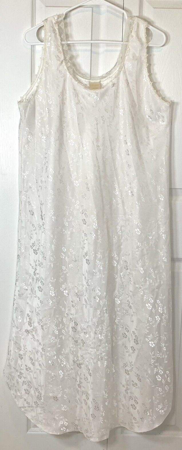 VTG Intimate Style Silky Satiny Nightgown White Floral Lace Maxi Large Y2K 90s