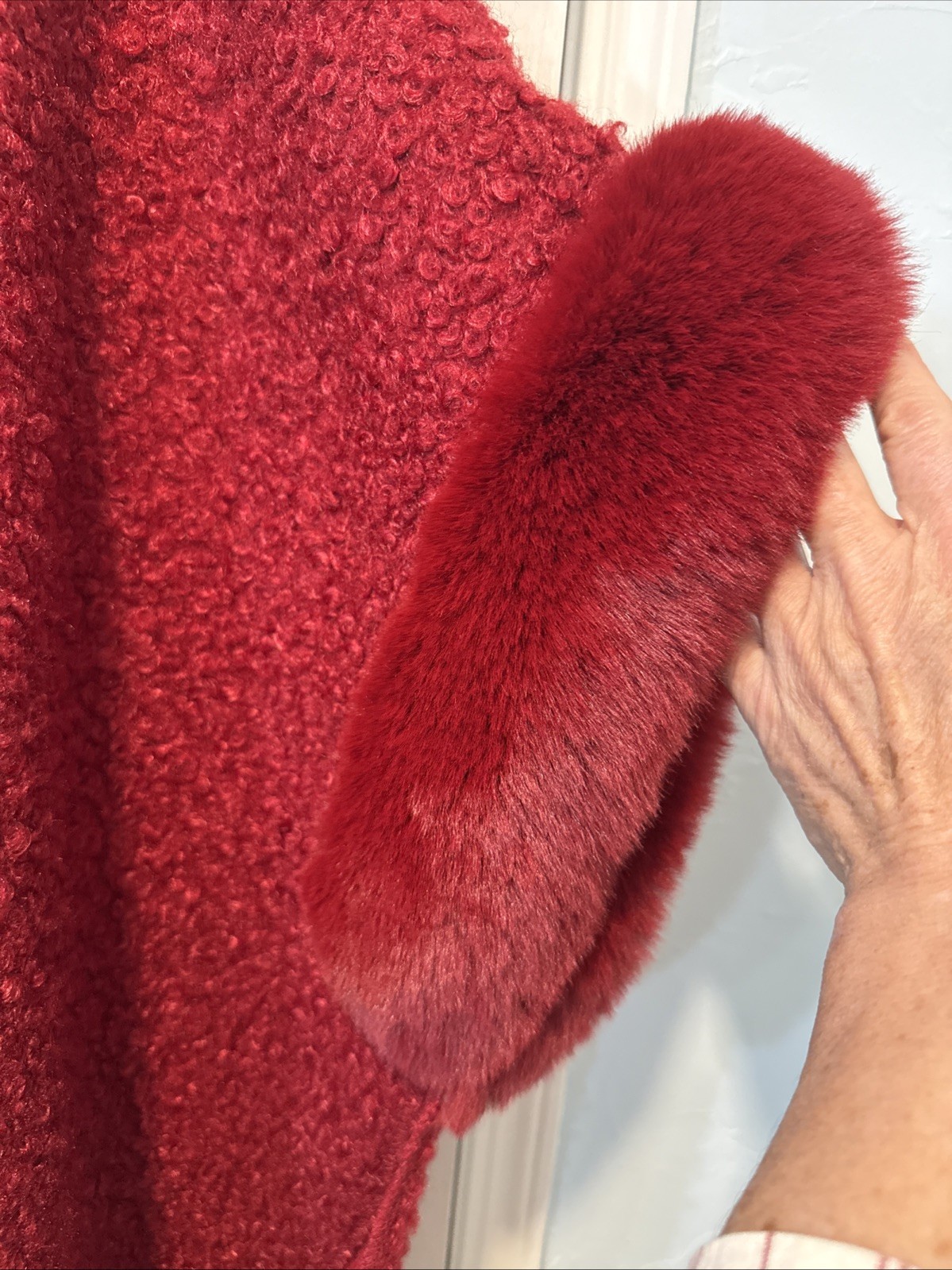 Cranberry Red Bouclé Cardigan Luxury Faux Fur Bouclé Cape Cotton Wool Blend OS