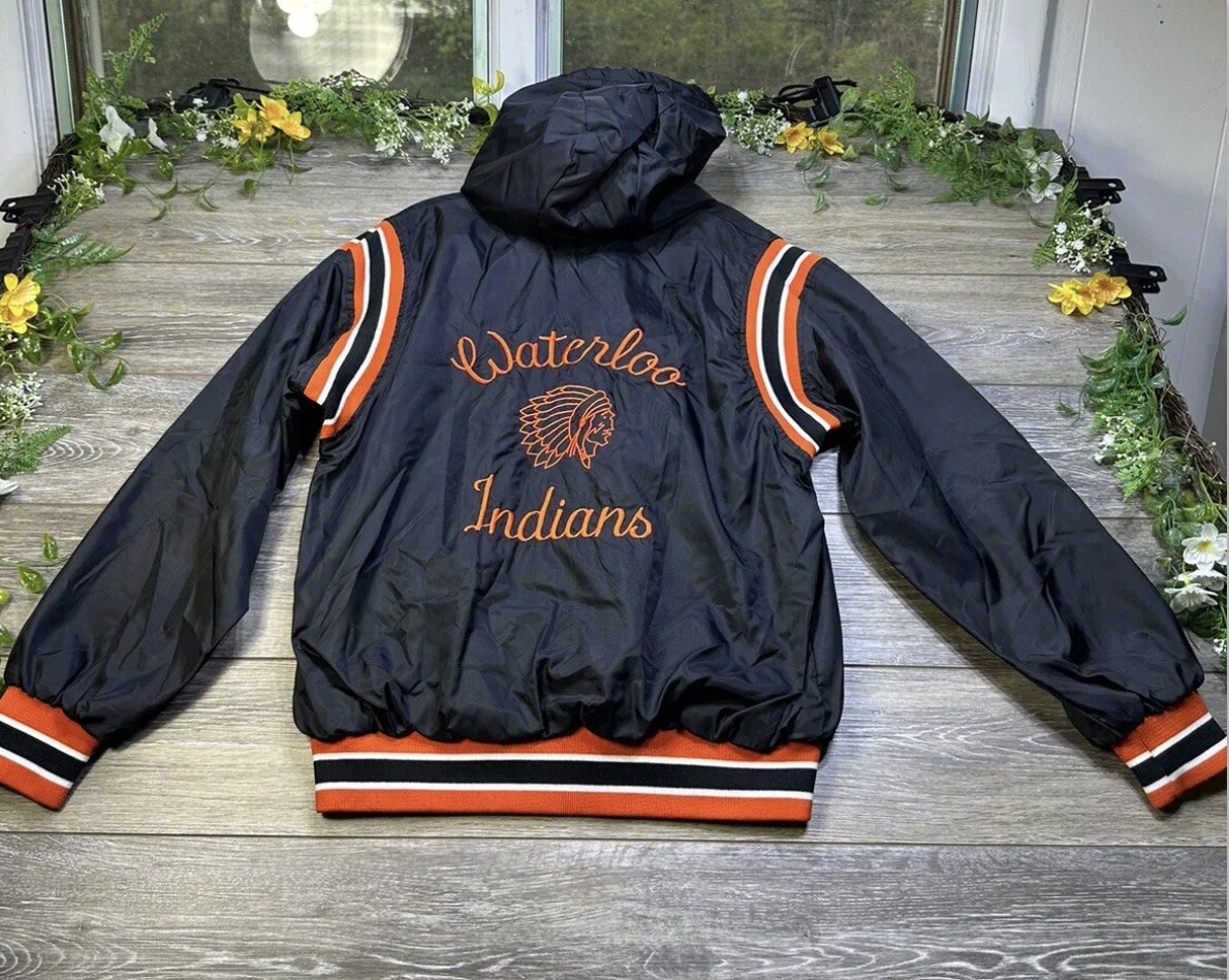 Waterloo Indians High School Satin Varsity Jacket Hooded Medium Vintage USA Made