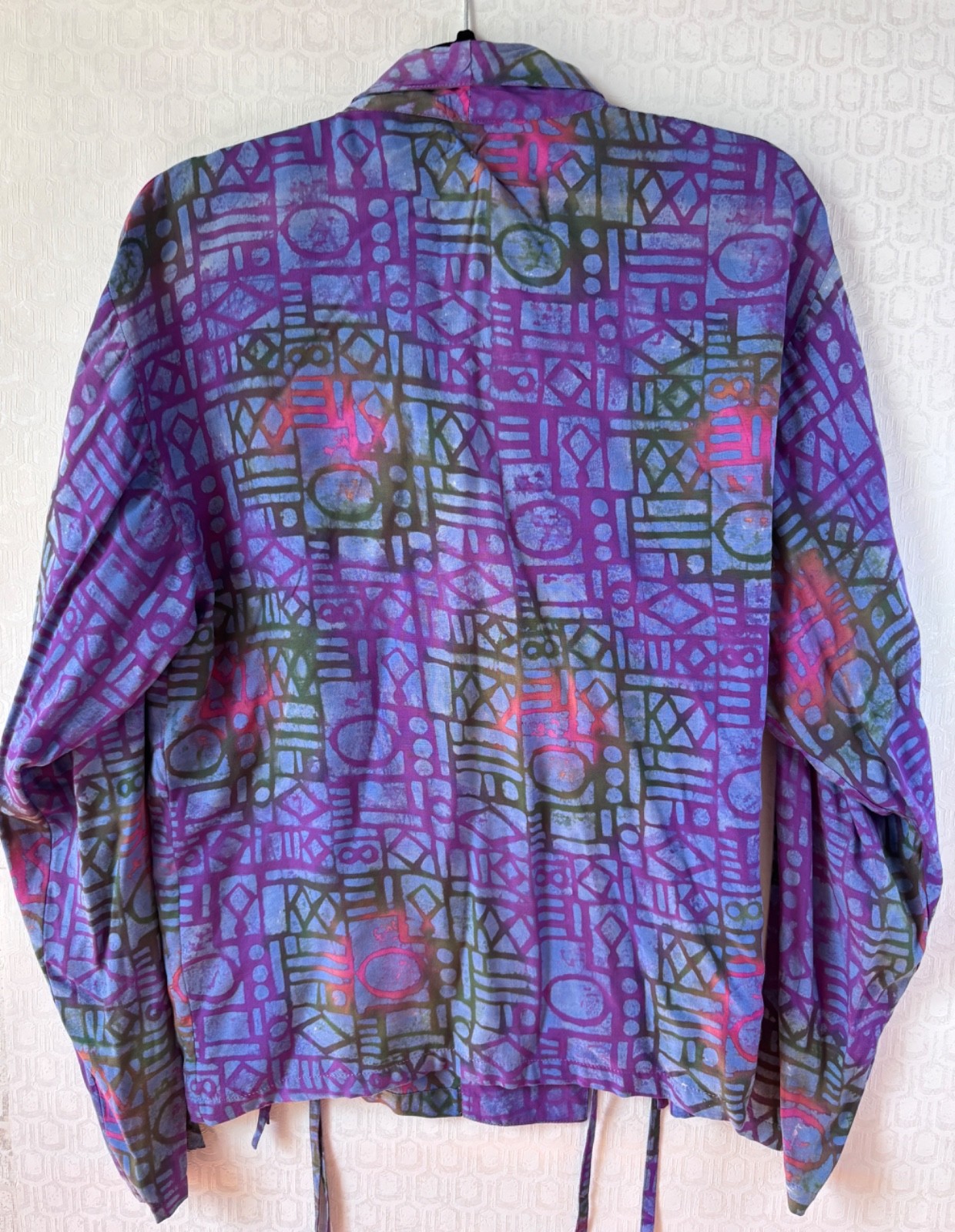 VTG 80’S BOHO PASSPORTS PIER ONE PURPLE BLUE BATIK PRINT WRAP TOP JACKET*S/M