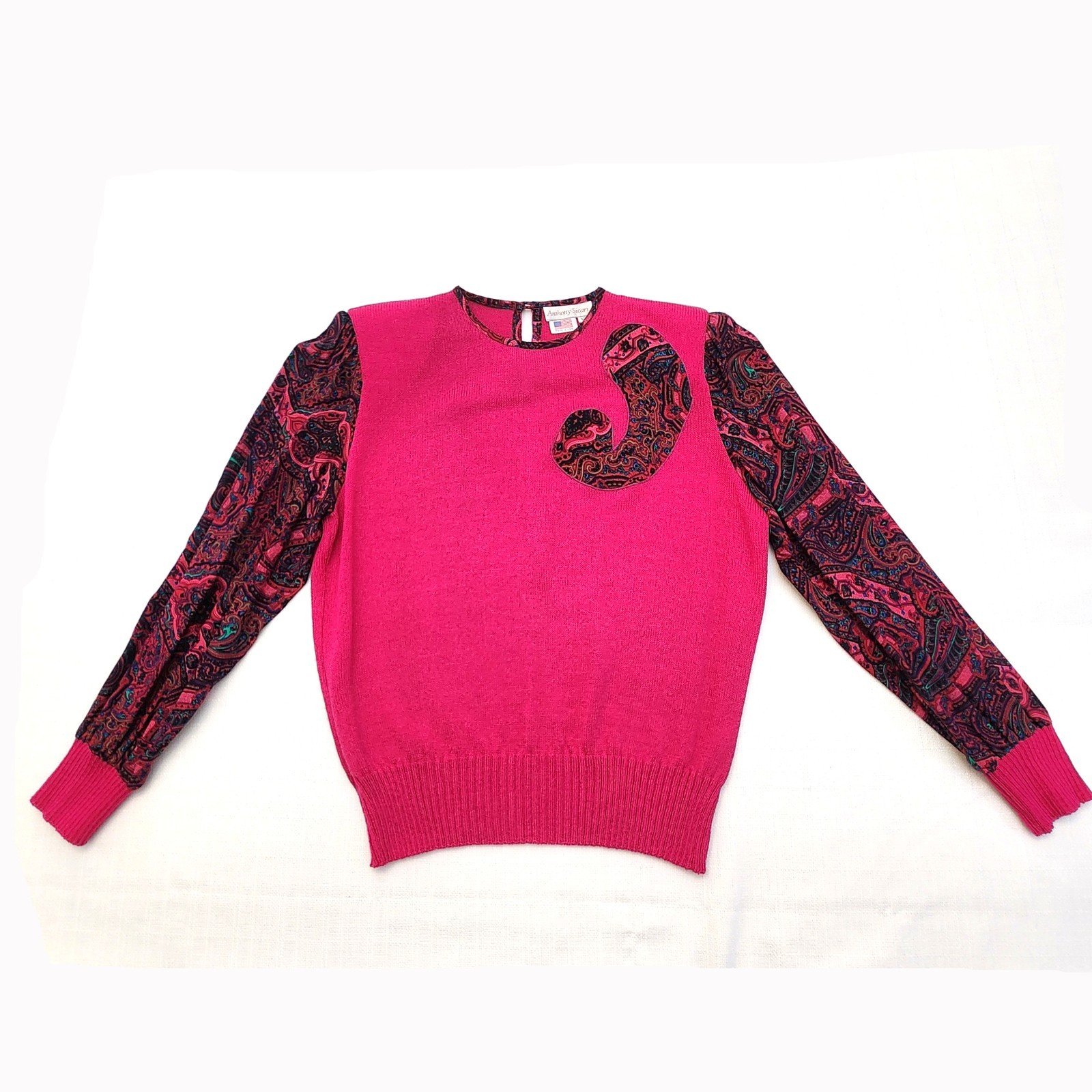 Vintage 80s Pink Paisley Two Piece Sweater Skirt Set Anthony Sicari Size 12