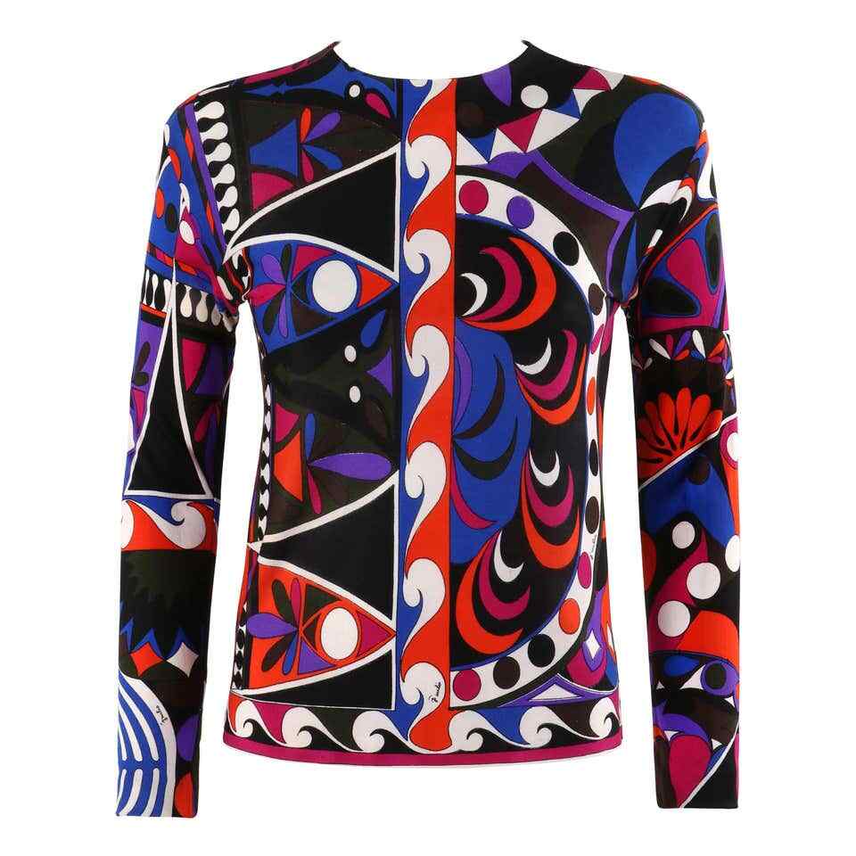 EMILIO PUCCI c.1960’s Geometric Wave Abstract Signature Print Silk Jersey Top