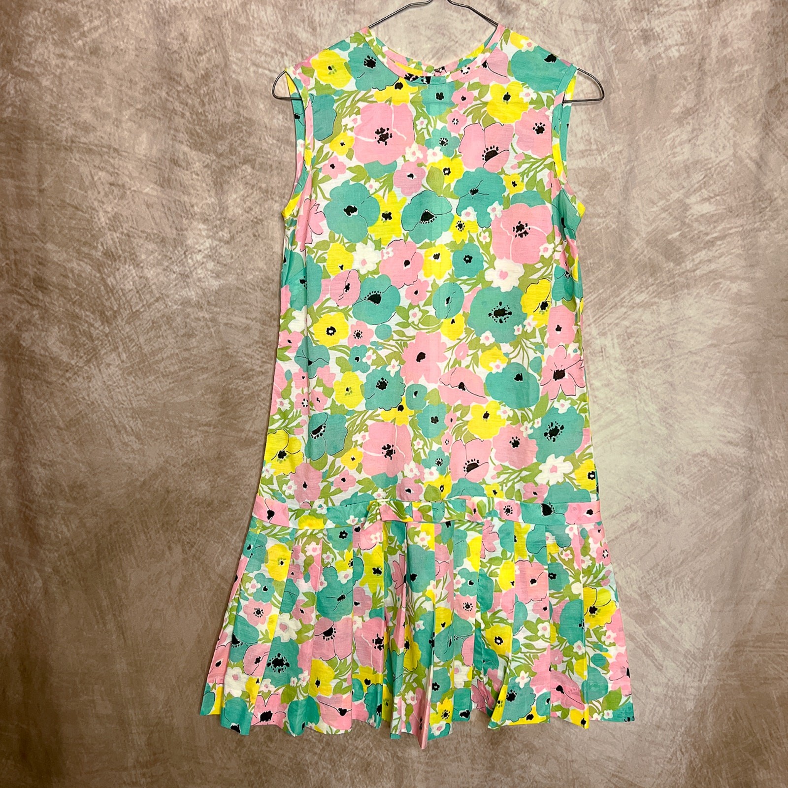 Vintage 60s Vicky Vaughn Junior Multicolor Floral Pleated Drop Waist Midi Dress