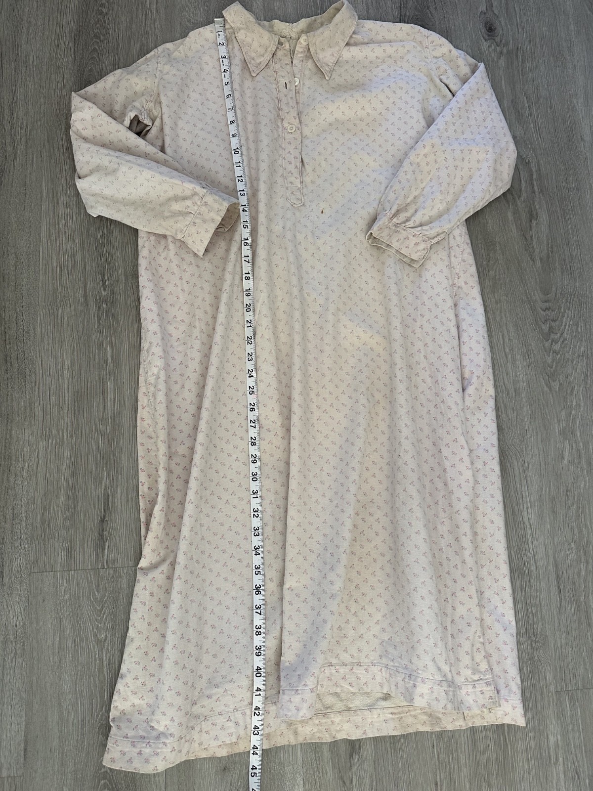 1920s 30s French Pink Flannel Dress Floral Pullover Nightgown Fade Repairs Worn