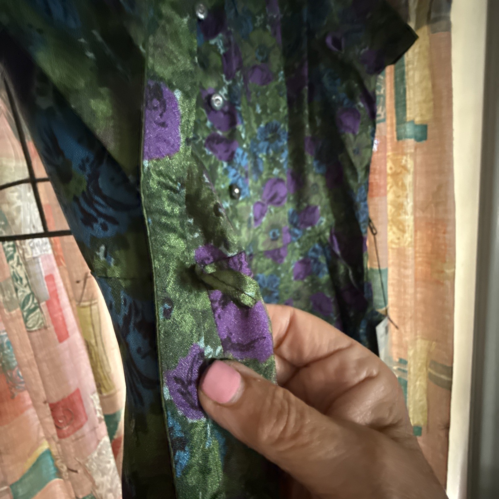 Vintage 1960’s NOS Deadstock Purple Blue and Green Floral Print Dress Large