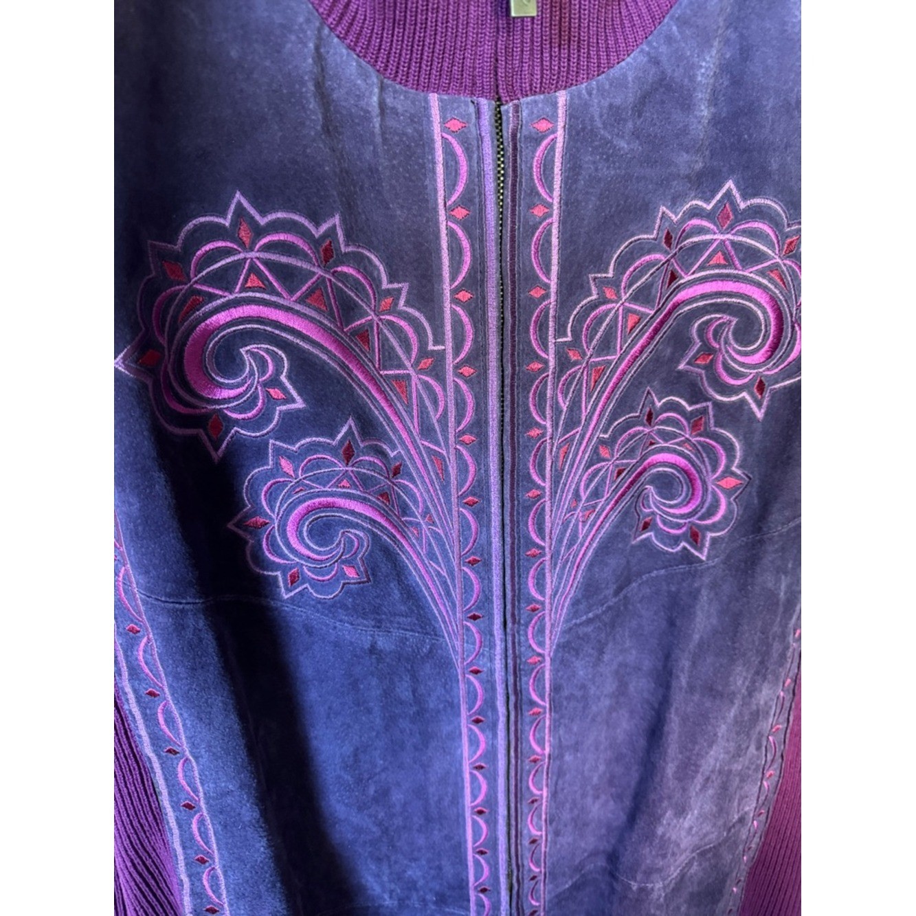Bob Mackie wearable art suede artsy, vintage zipper front jacket 2X