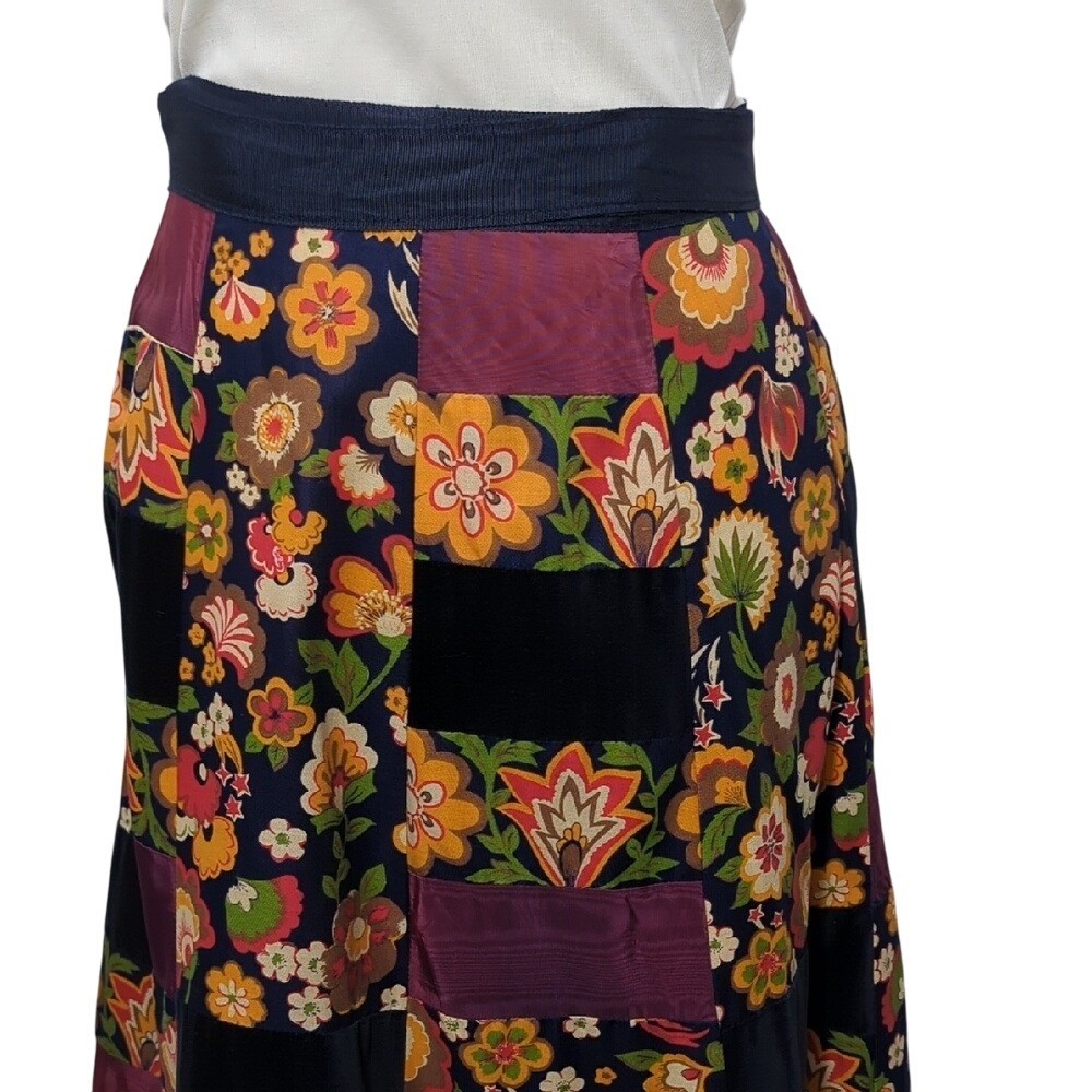 Vintage 70s Velvet Patchwork Wrap Maxi Skirt Bohemian Hippie Florals Festival