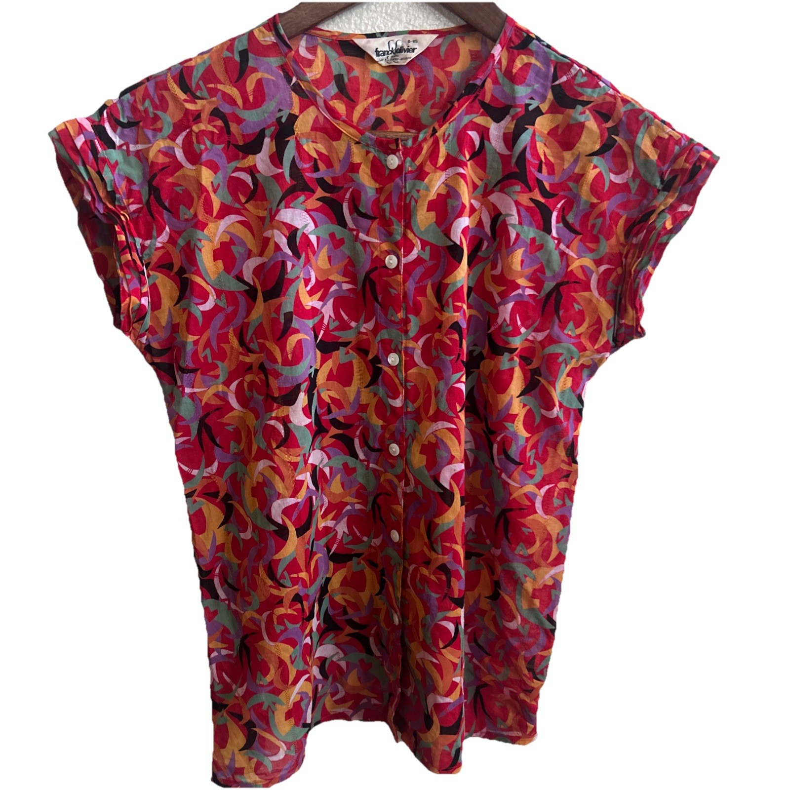 Vintage 70s Franck Olivier Silk Blouse – France Red/Multicolor Geometric 38 Bust