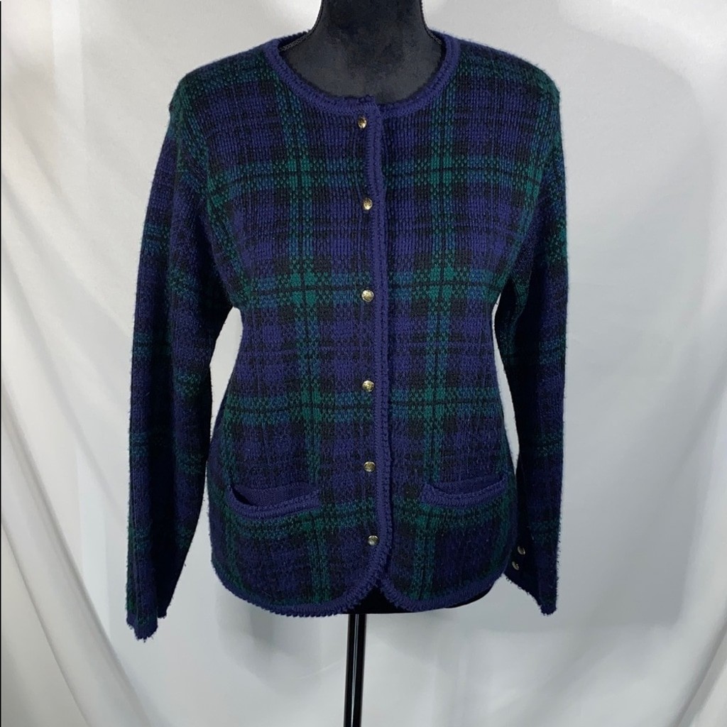 Vintage Hasting & Smith Plaid Cardigan Sweater Gold Button Large