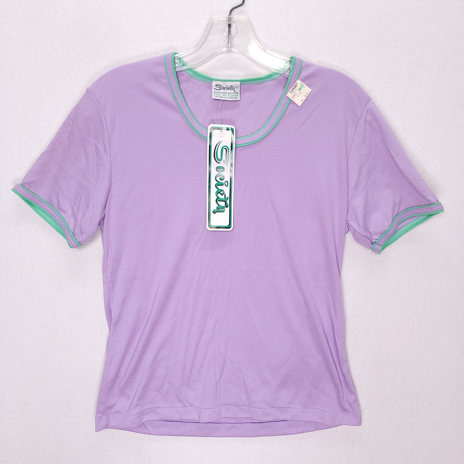 Vintage 90s Society Lavender Purple Mint Green Ringer Tee Shirt NWT Large