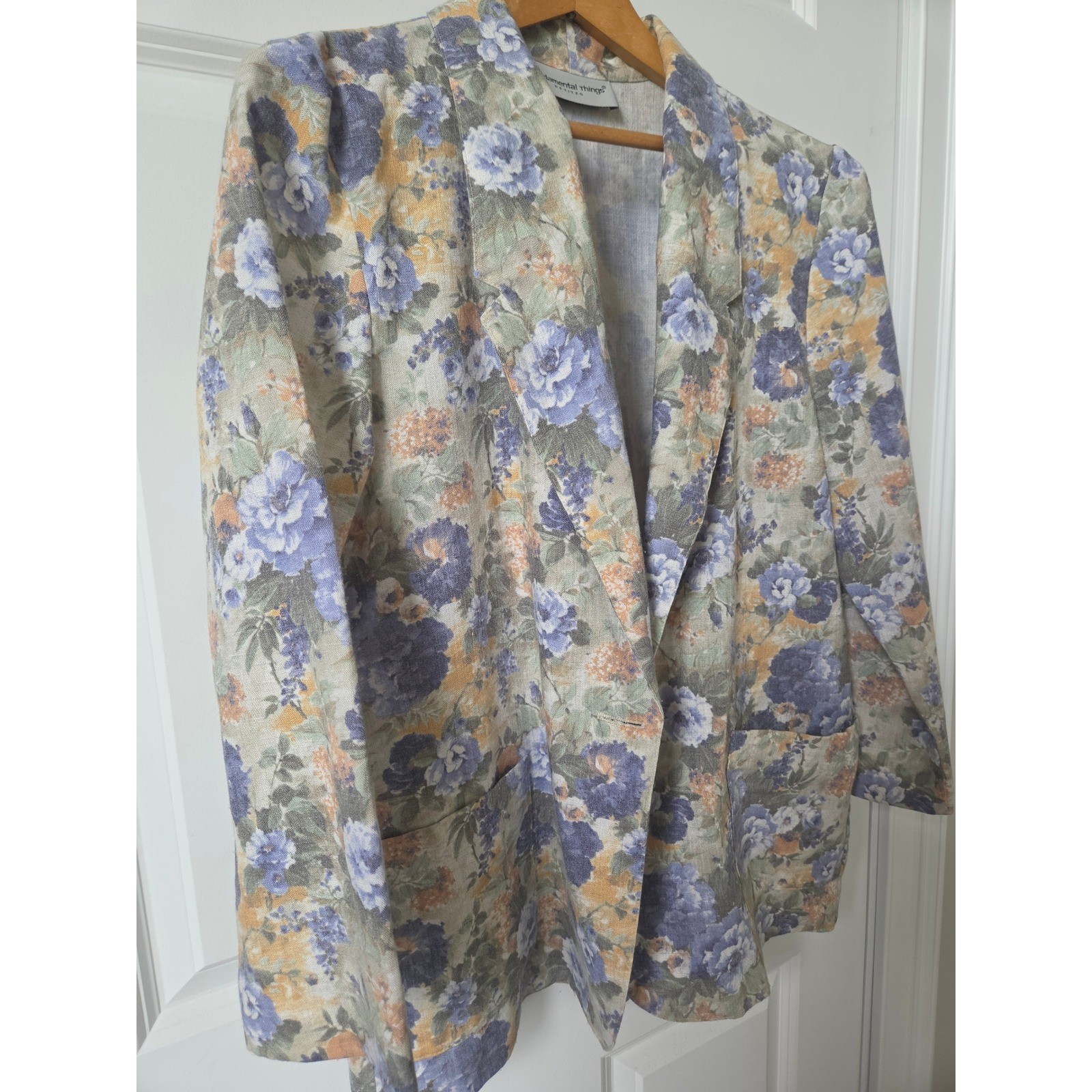 Vintage Cottagecore Floral Linen Blend Blazer Jacket Blue Size 12P Boho