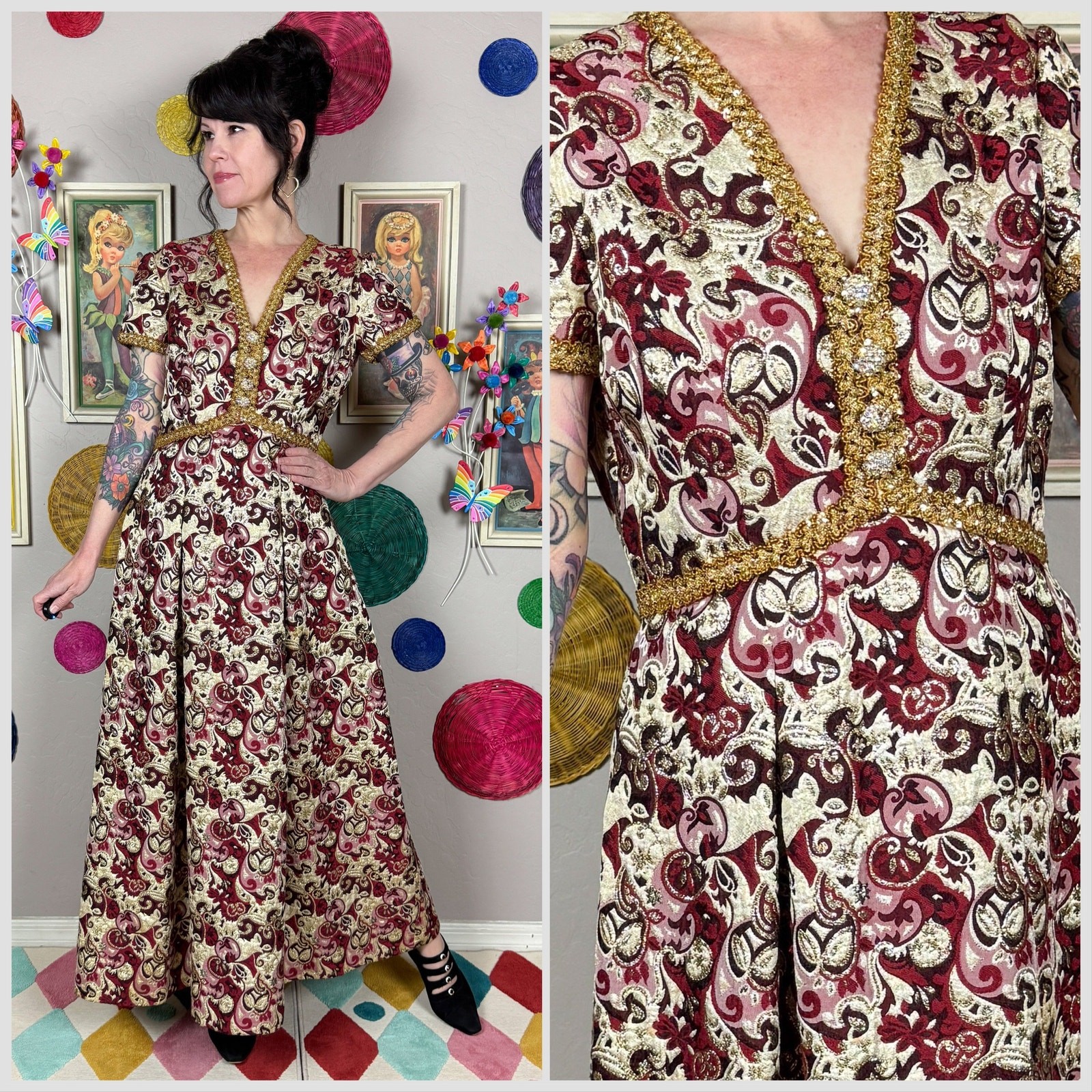 Vintage 1970s Metallic Gold and Maroon Floral Brocade Dress | 30″ Waist