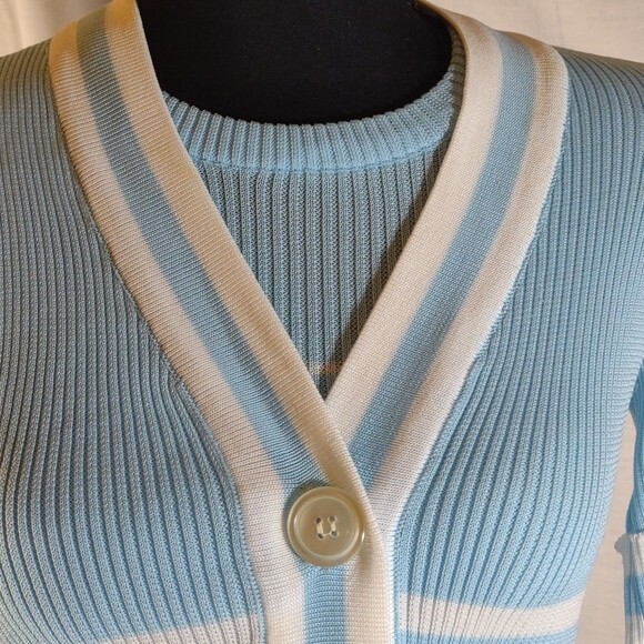 Vintage 70’s Light Blue w/White Stripes Short Sleeve Cardigan w/ Faux Tank – M