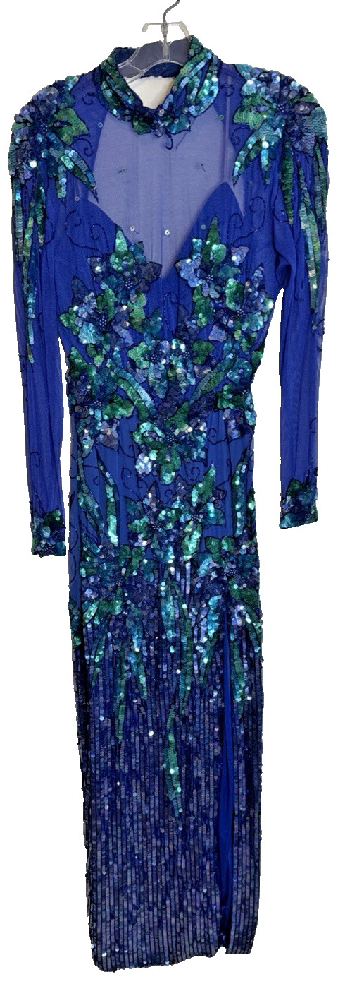 Vtg Casadei 80s 90s Evening Gown Maxi Dress Sz 8 Women Royal Blue Green Sequin